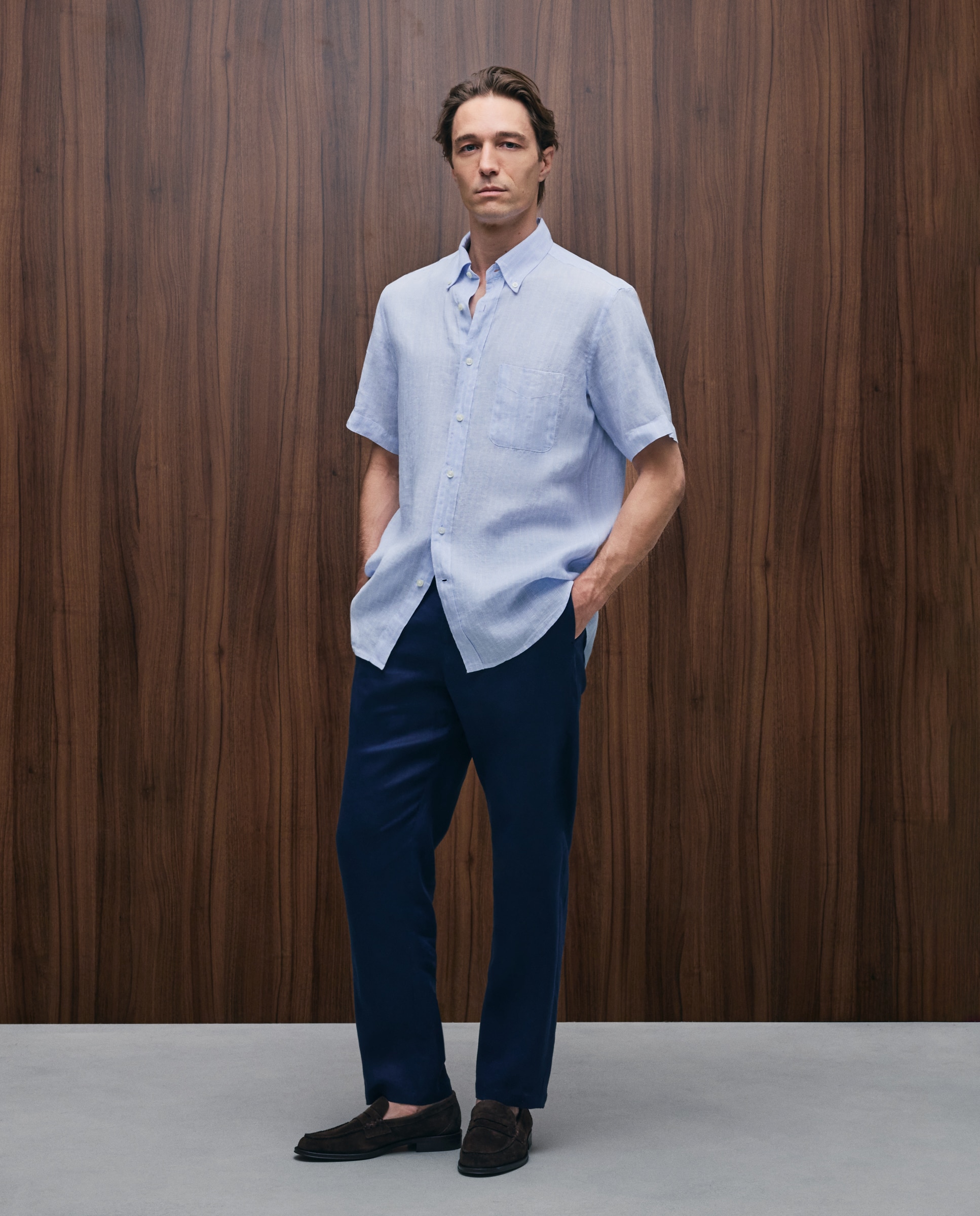 Camisa de Linho com Manga Curta Azul-claro-2