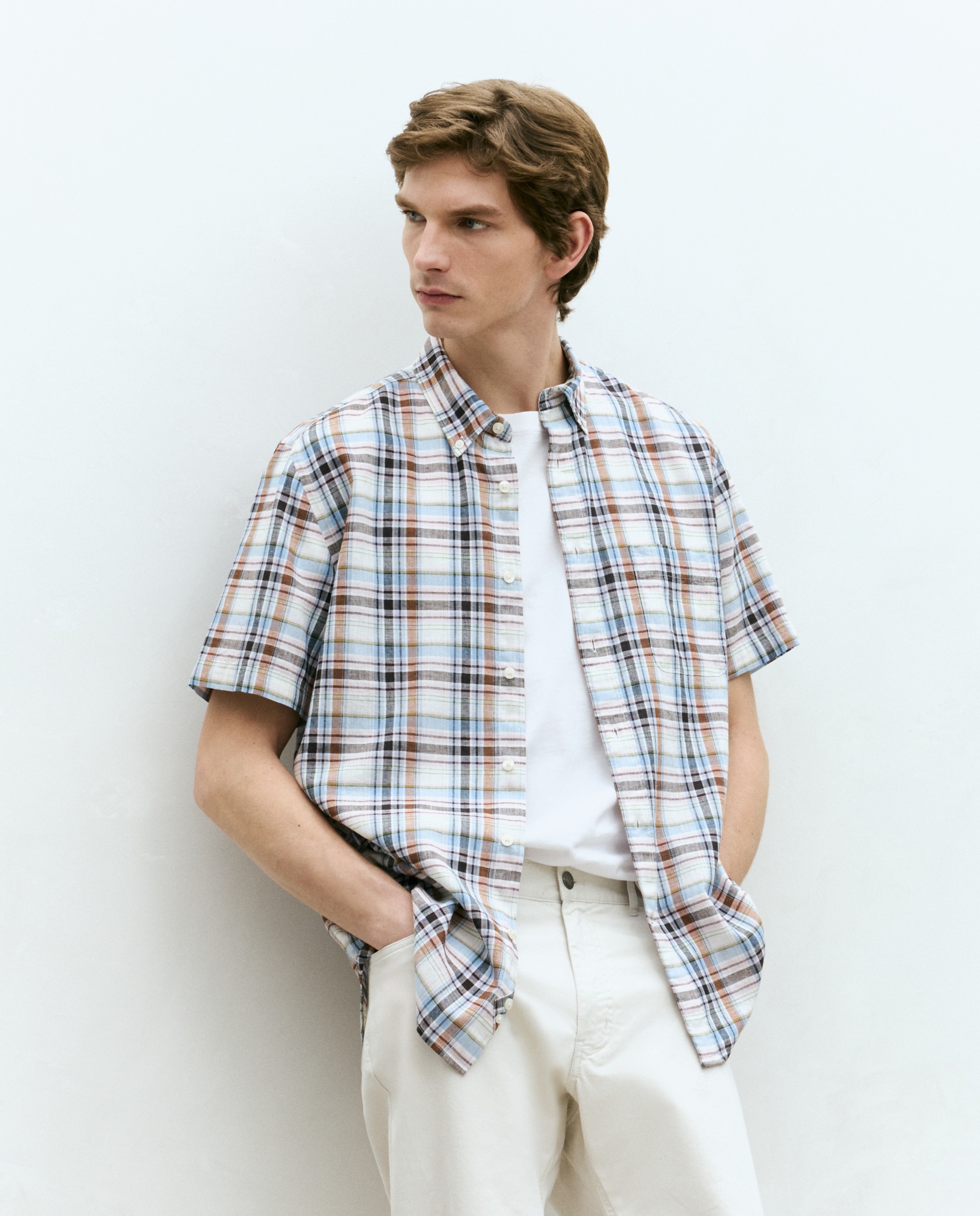 Dustin - Camisa de manga corta algodón slub cuadros madrás classic fit..