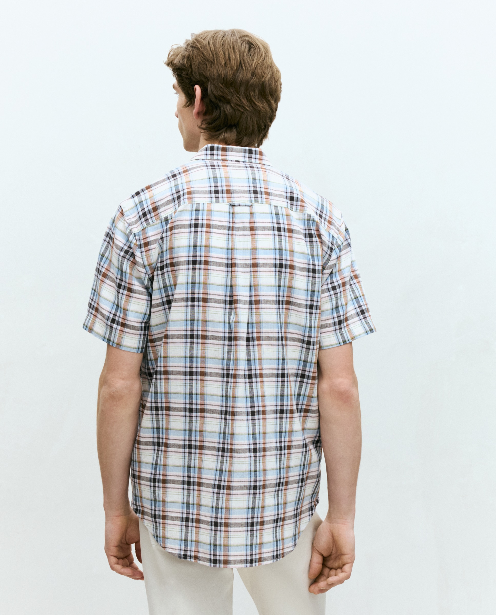 Camisa de Linho e Algodão aos Quadrados com Manga Curta Castanho-claro-3