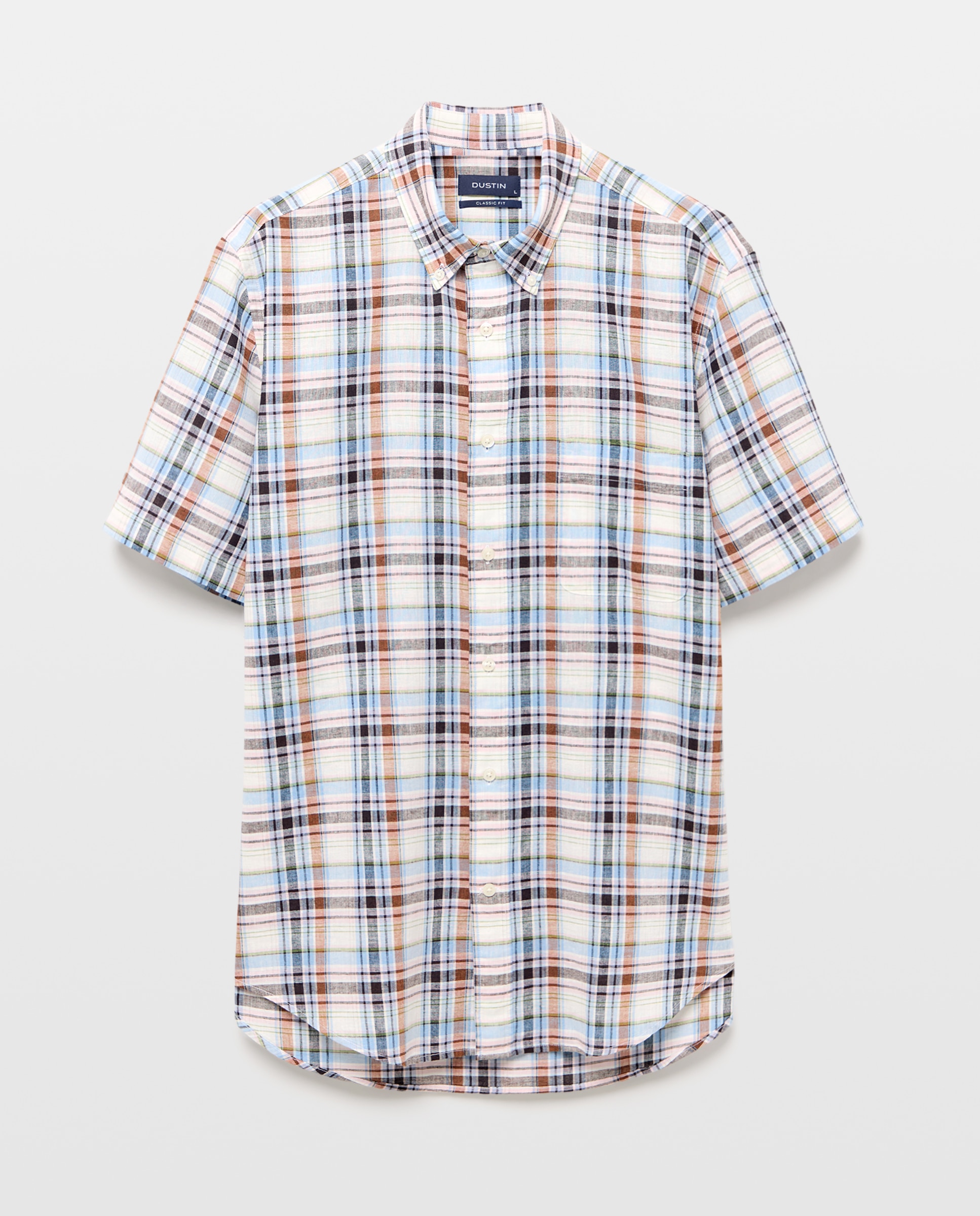 Camisa de Linho e Algodão aos Quadrados com Manga Curta Castanho-claro-4