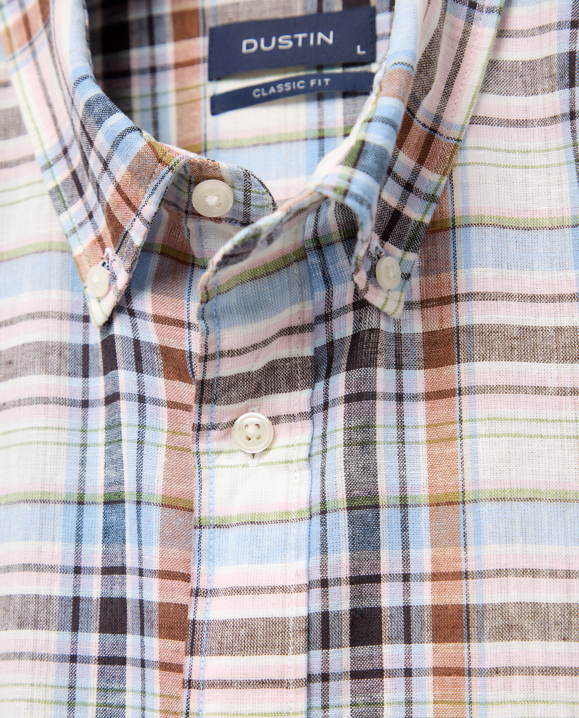 Camisa de Linho e Algodão aos Quadrados com Manga Curta Castanho-claro-5
