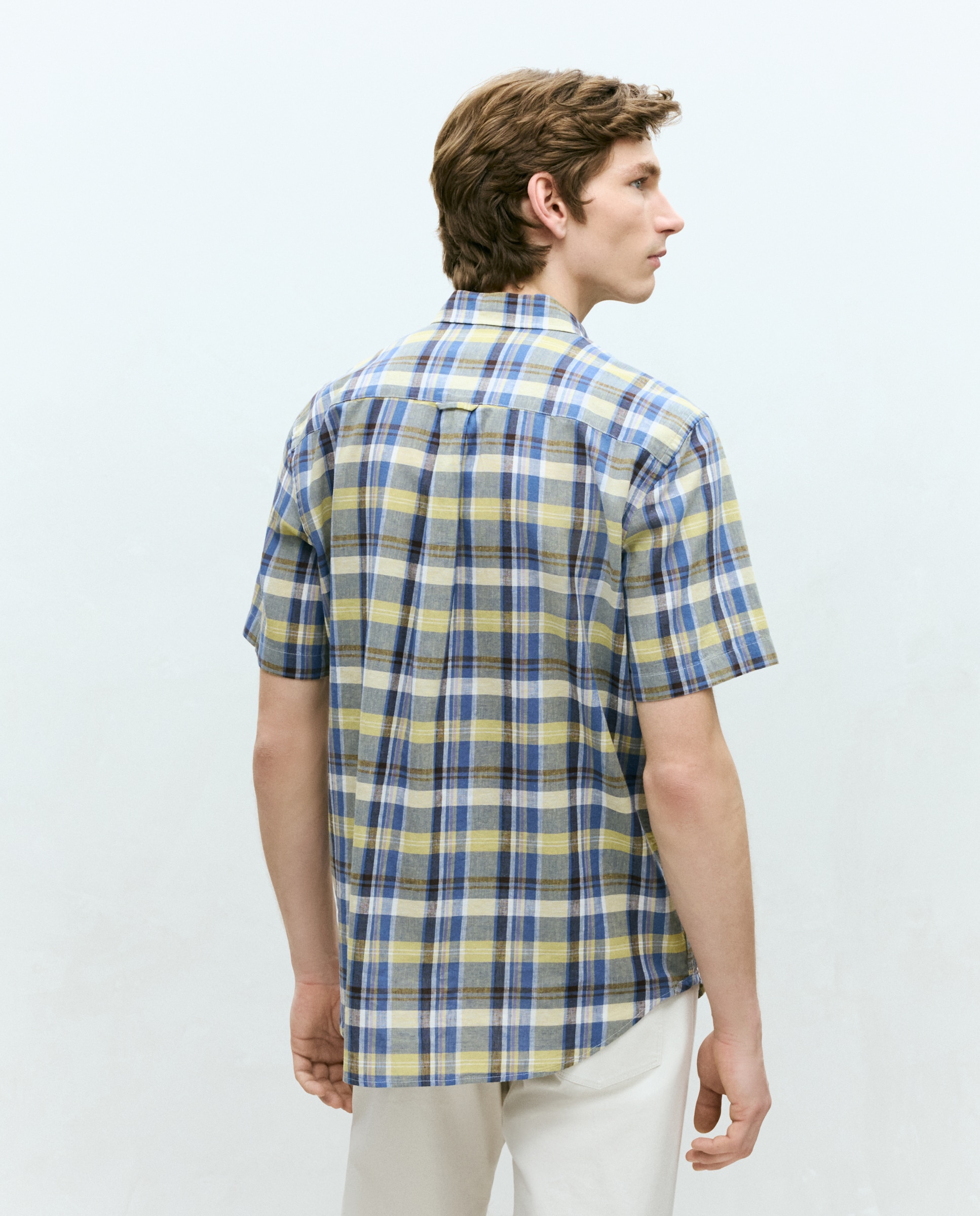 Camisa de Linho e Algodão aos Quadrados com Manga Curta Amarelo-3