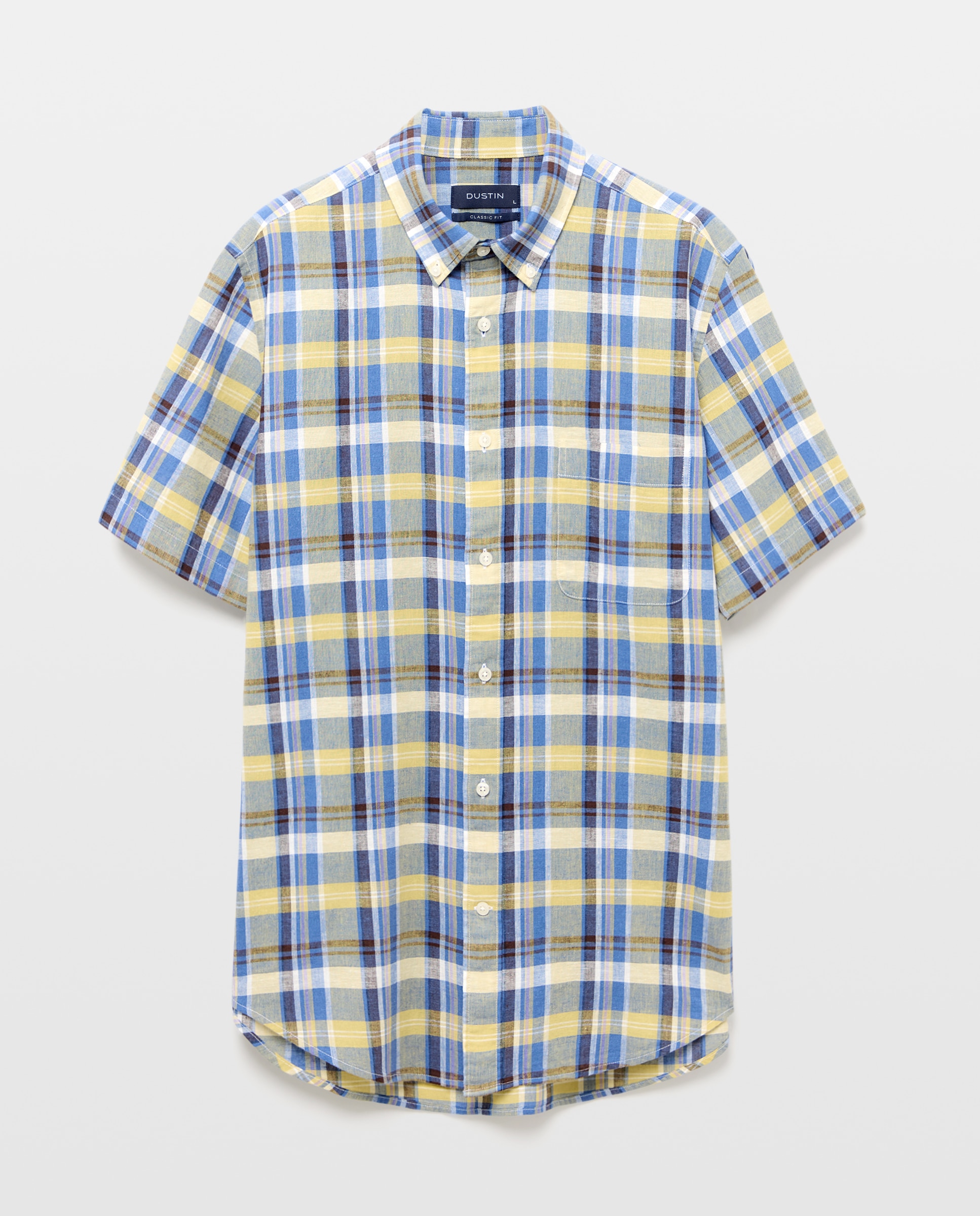 Camisa de Linho e Algodão aos Quadrados com Manga Curta Amarelo-4