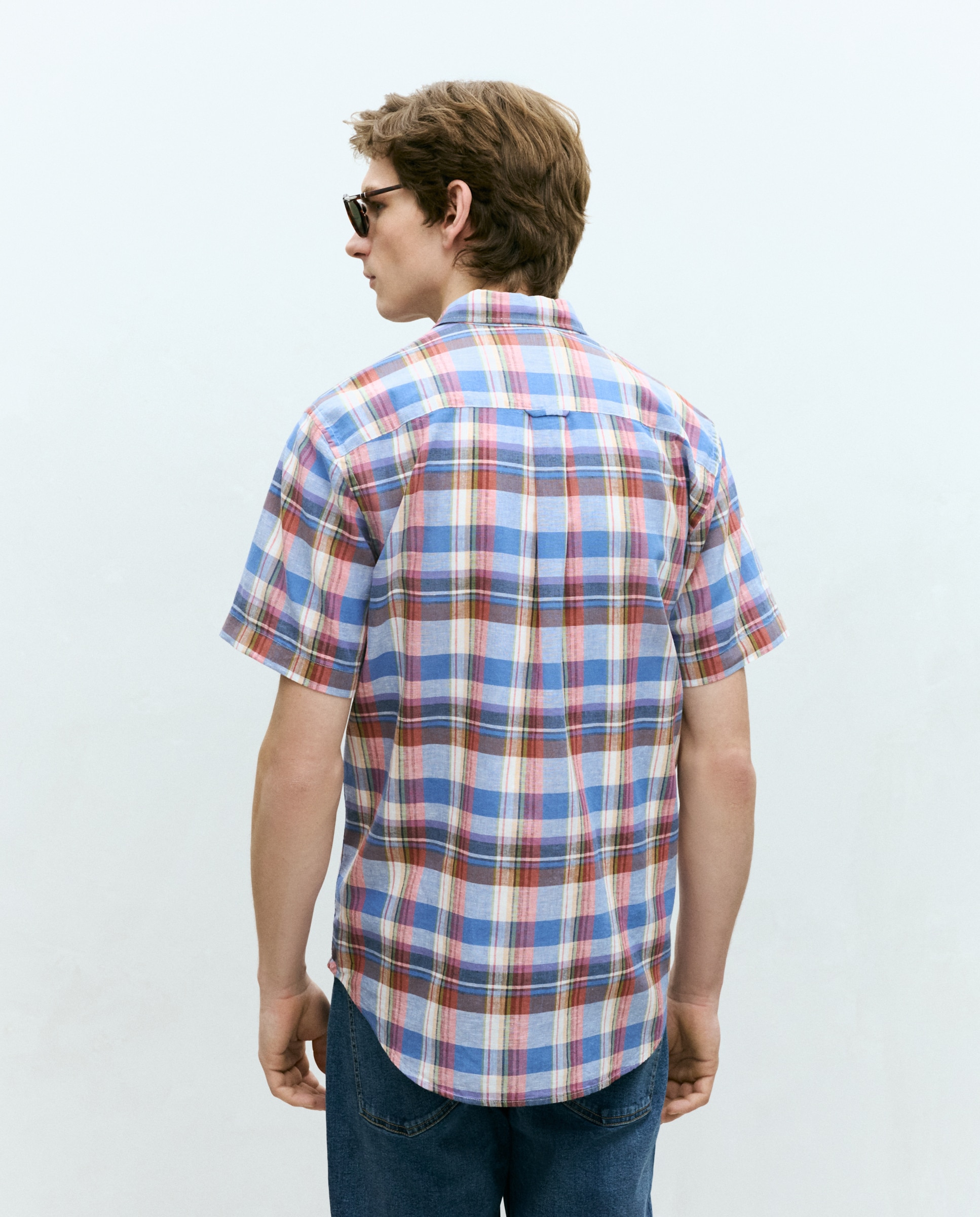 Camisa de Linho e Algodão aos Quadrados com Manga Curta Rosa-3