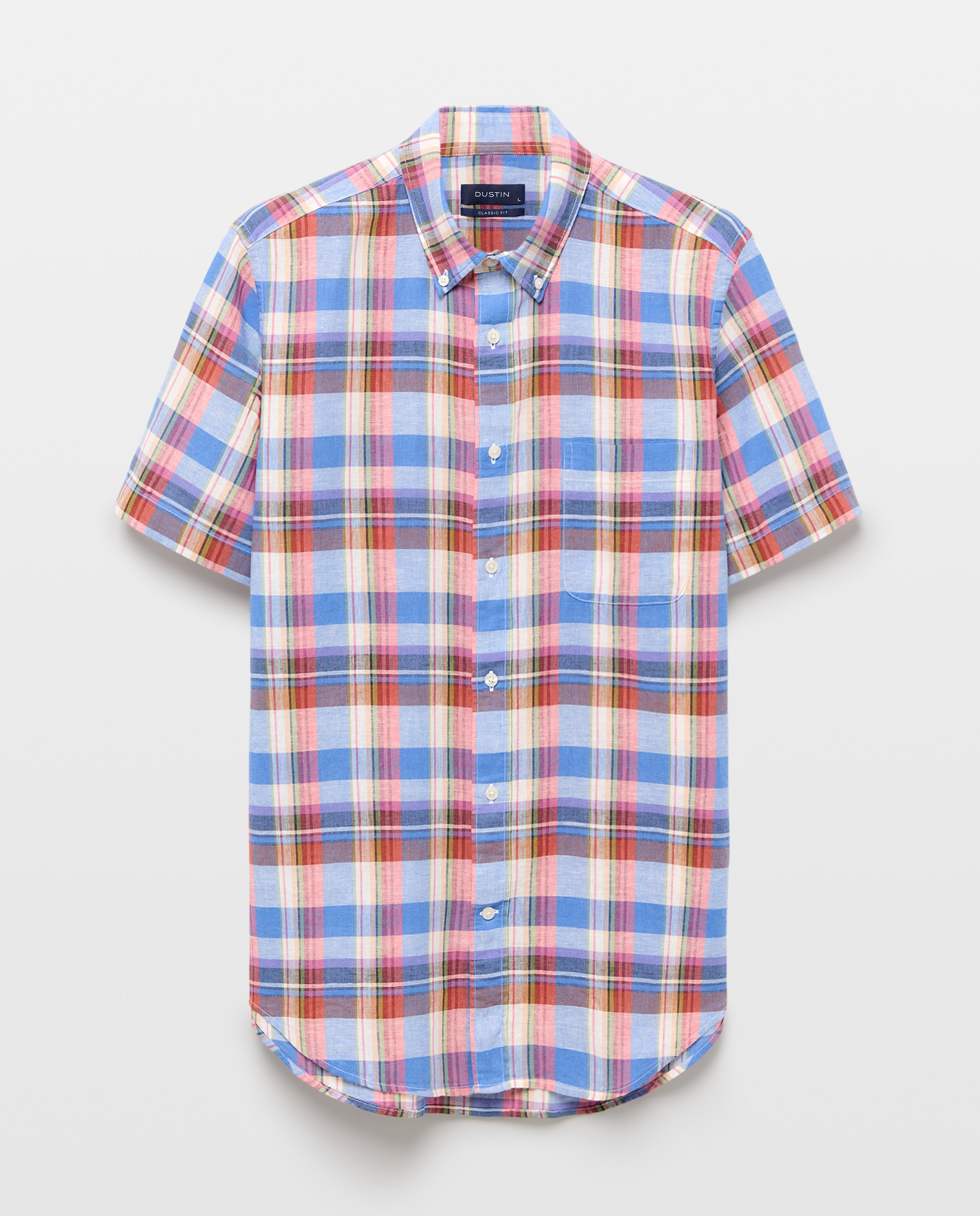 Camisa de Linho e Algodão aos Quadrados com Manga Curta Rosa-4