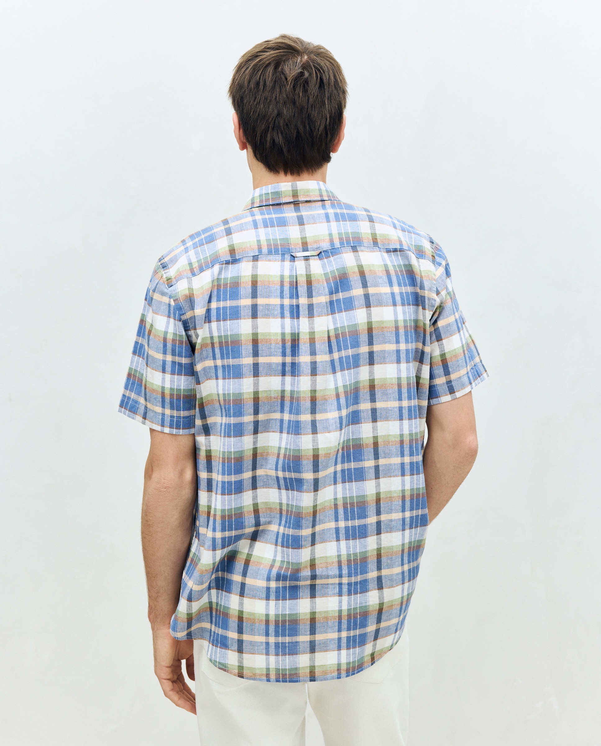 Camisa de Linho e Algodão aos Quadrados com Manga Curta Vermelho-4