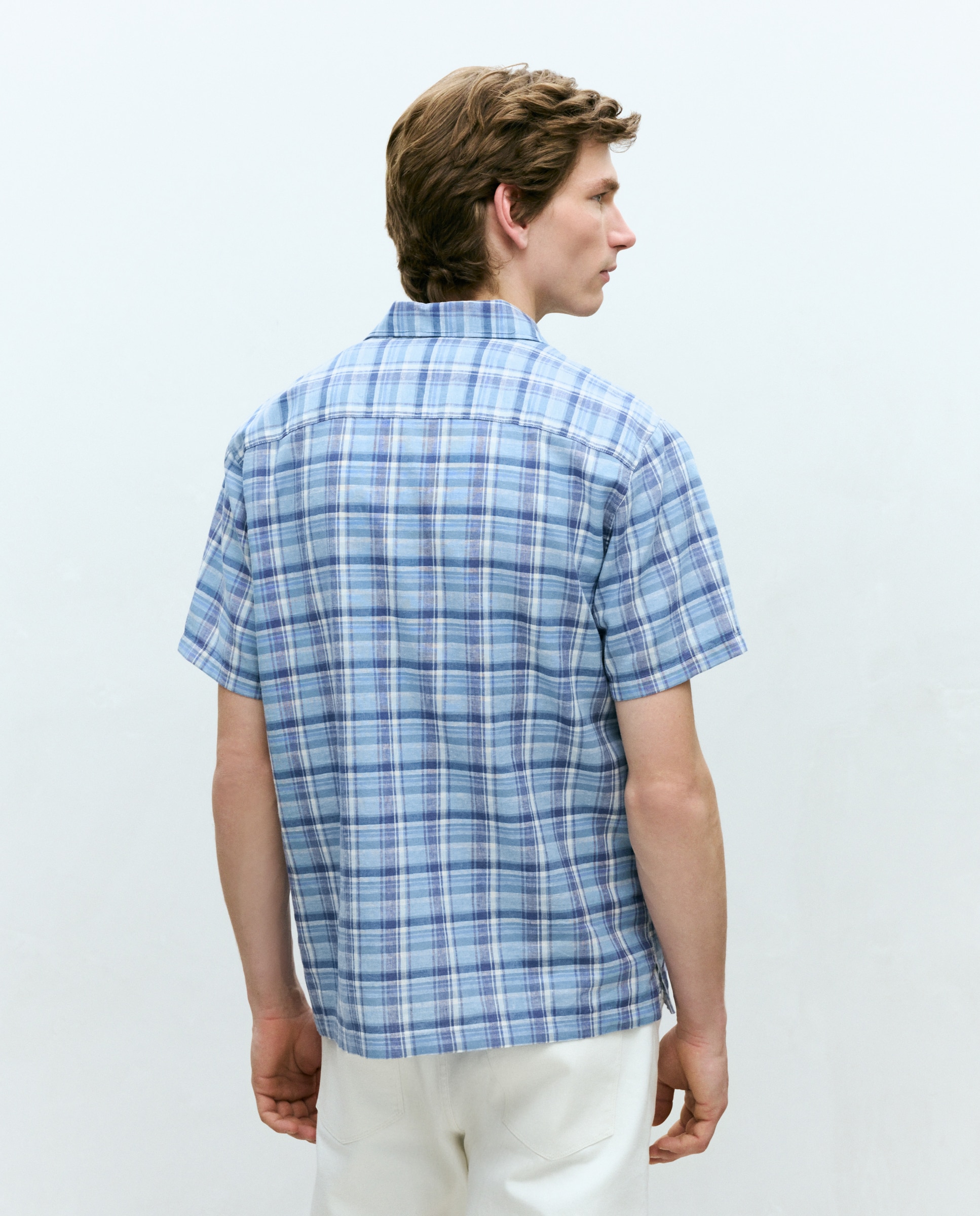 Camisa de Manga Curta Regular Fit em Linho e Algodão aos Quadrados Madrás Azul-3