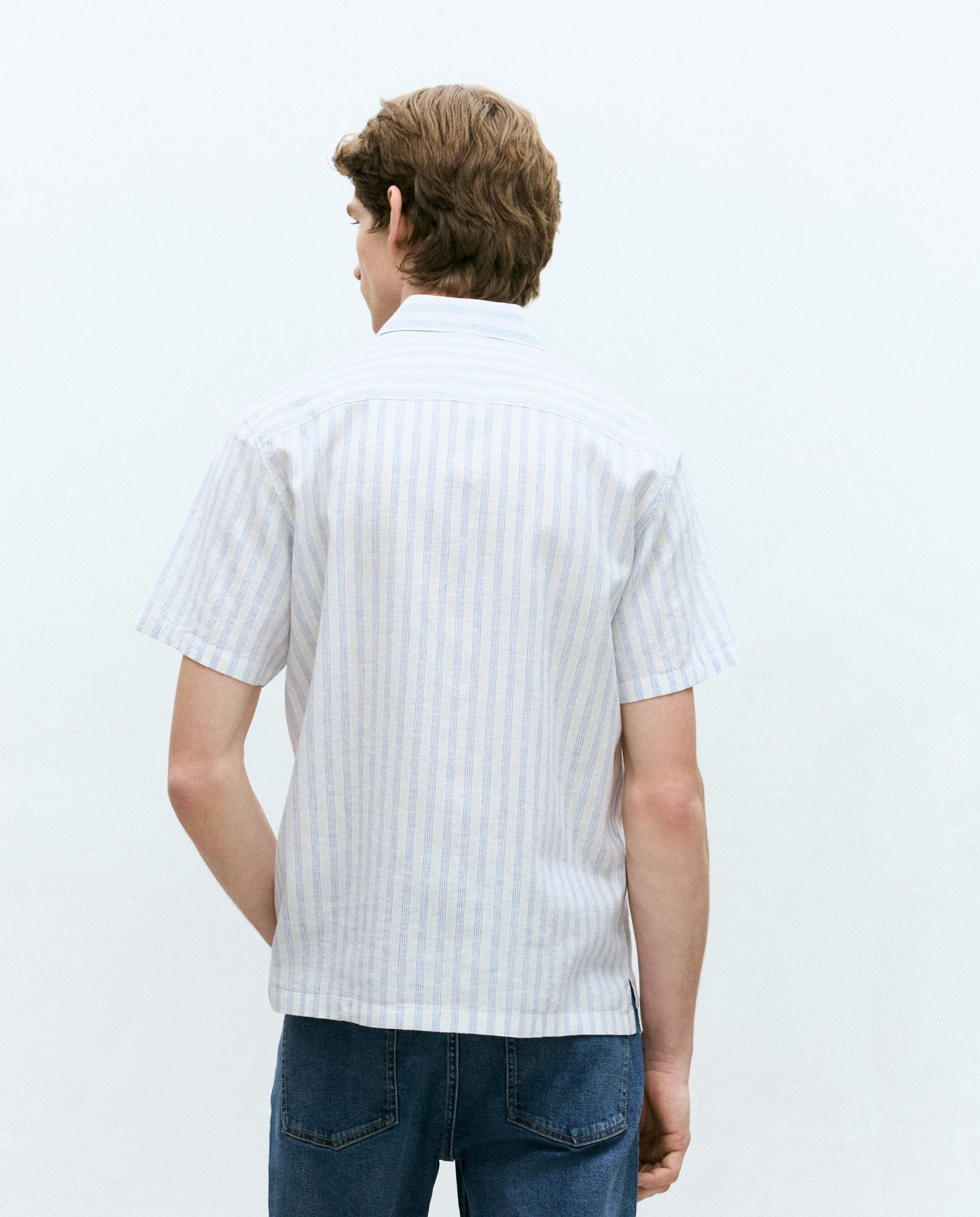 Camisa de Manga Curta Regular Fit de Linho e Algodão com Risca - Branco Azul-claro-3