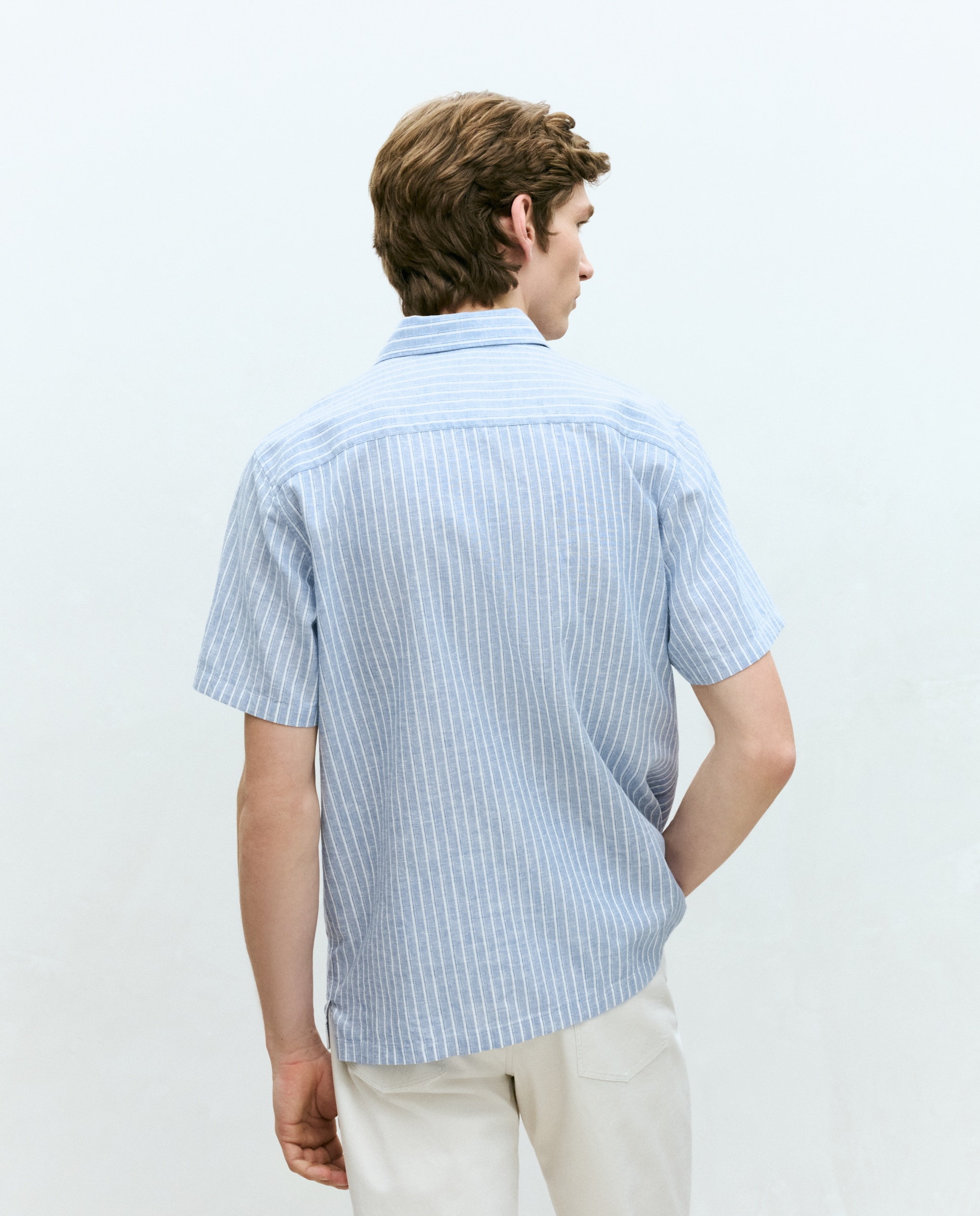 Camisa de Manga Curta Regular Fit de Linho e Algodão com Risca - Azul Azul-3