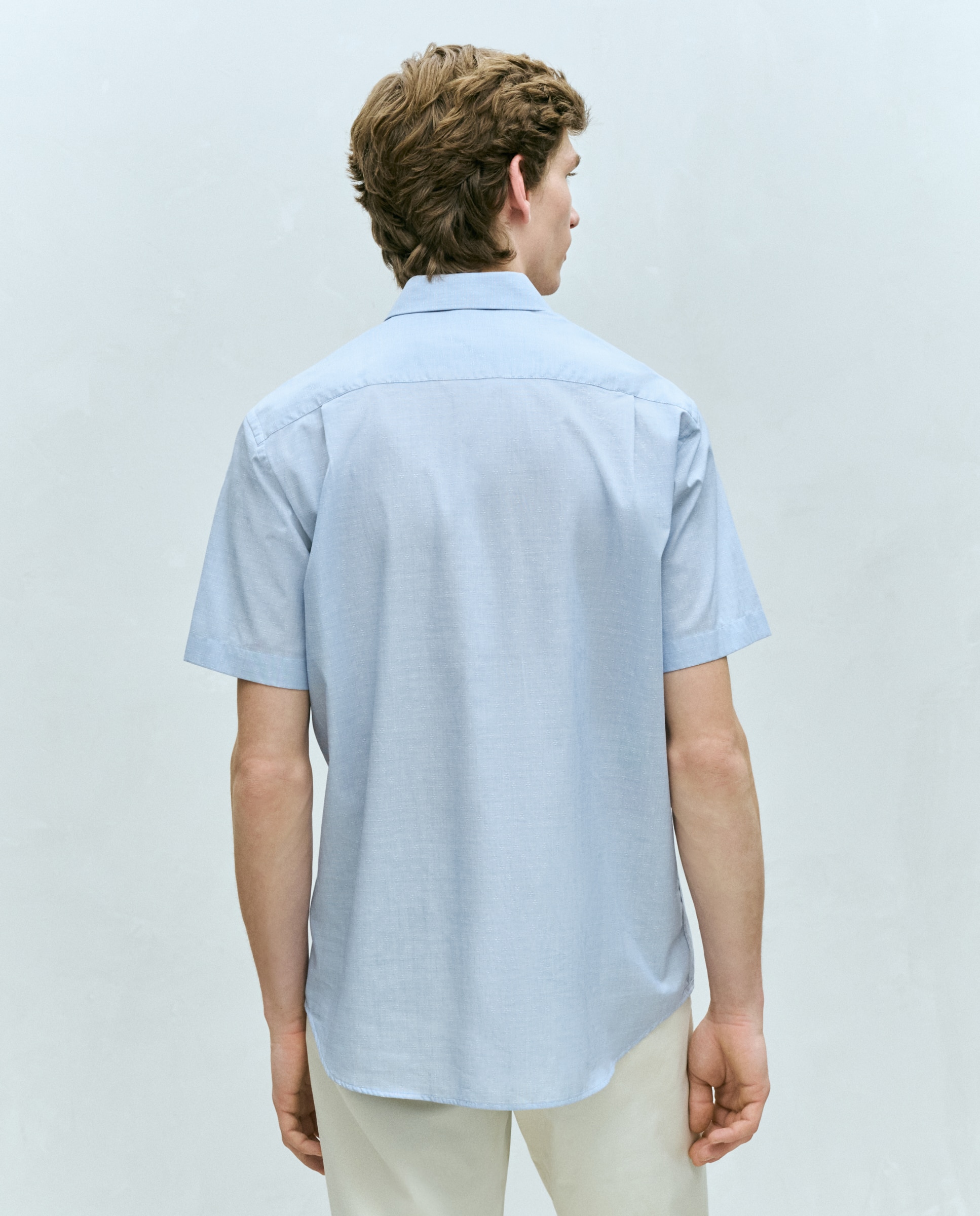Camisa Clássica de Manga Curta com Dobby Pied-de-Poule Azul-claro-3
