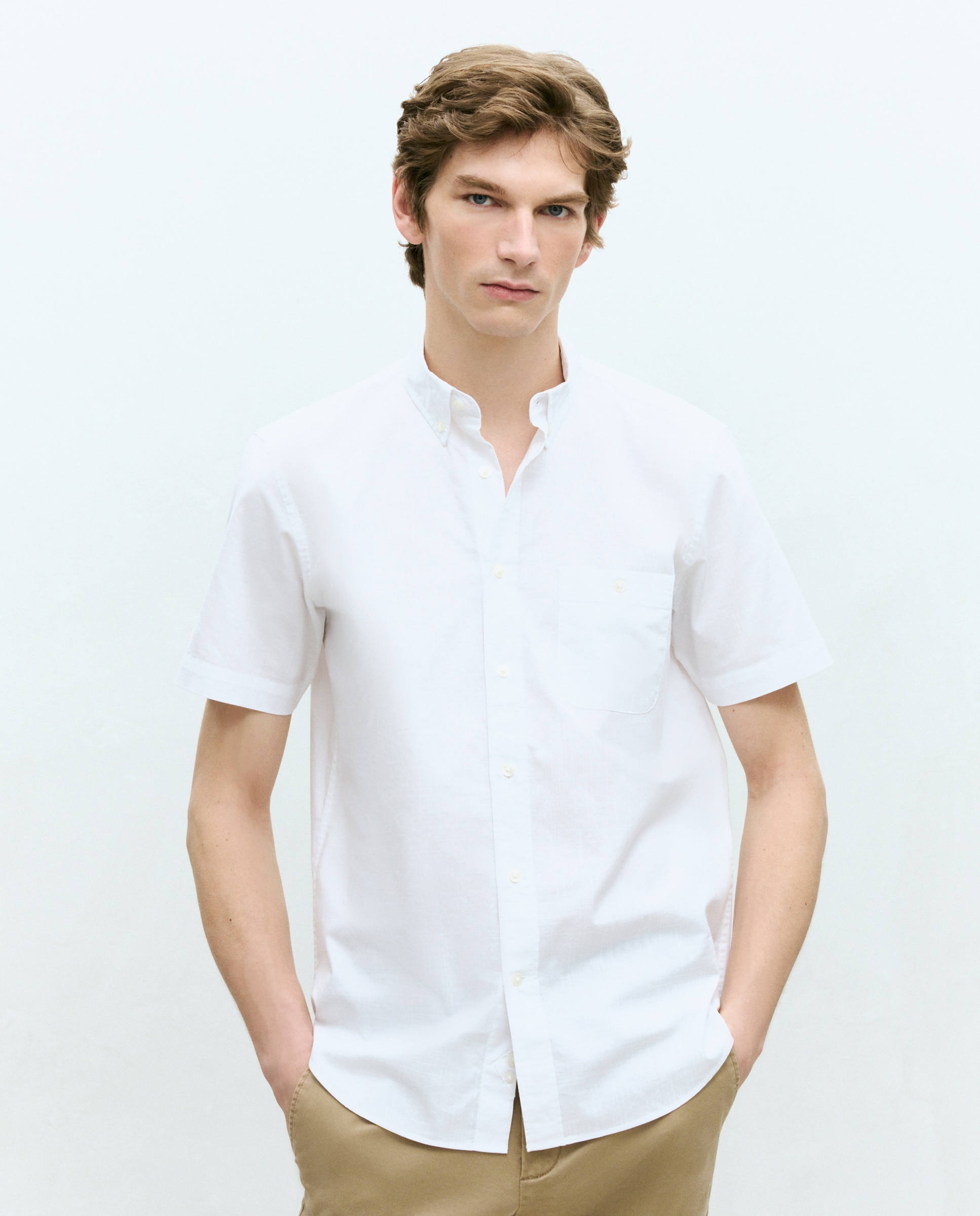 Camisa de Algodão Lisa com Manga Curta Branco-1