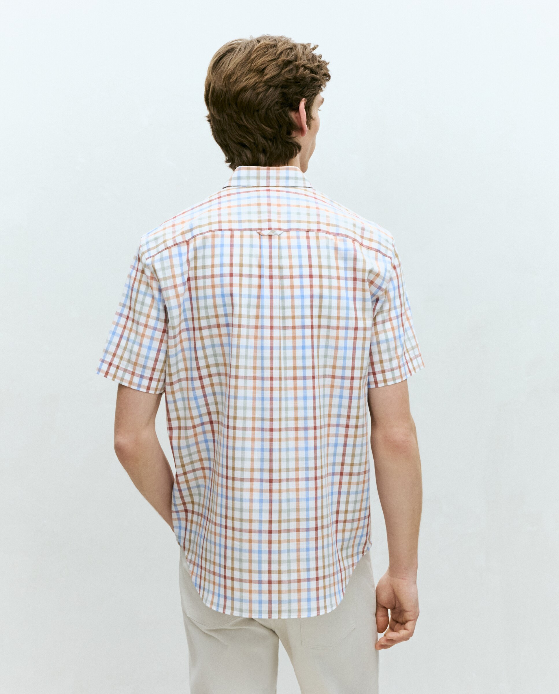 Camisa de Popelina aos Quadrados com Manga Curta - Branco Laranja-3