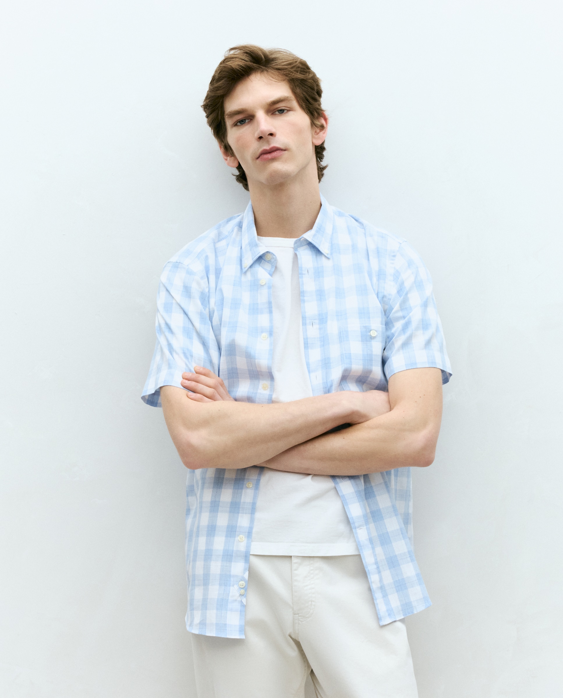 Imagen 0 de Camisa de manga corta algodón slub cuadros madrás classic fit. Azul