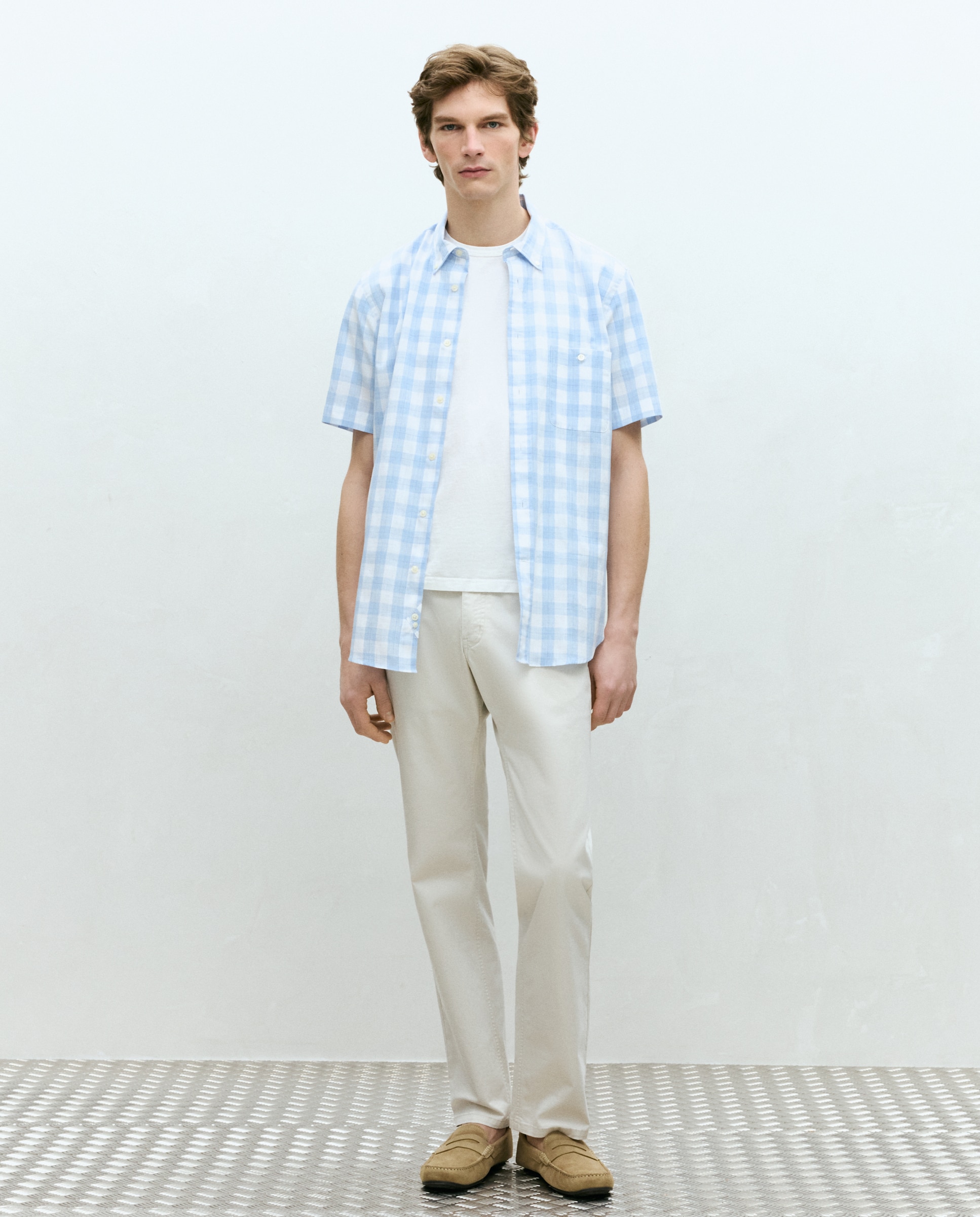 Camisa Classic Fit de Algodão Slub aos Quadrados Madrás com Manga Curta Azul-2