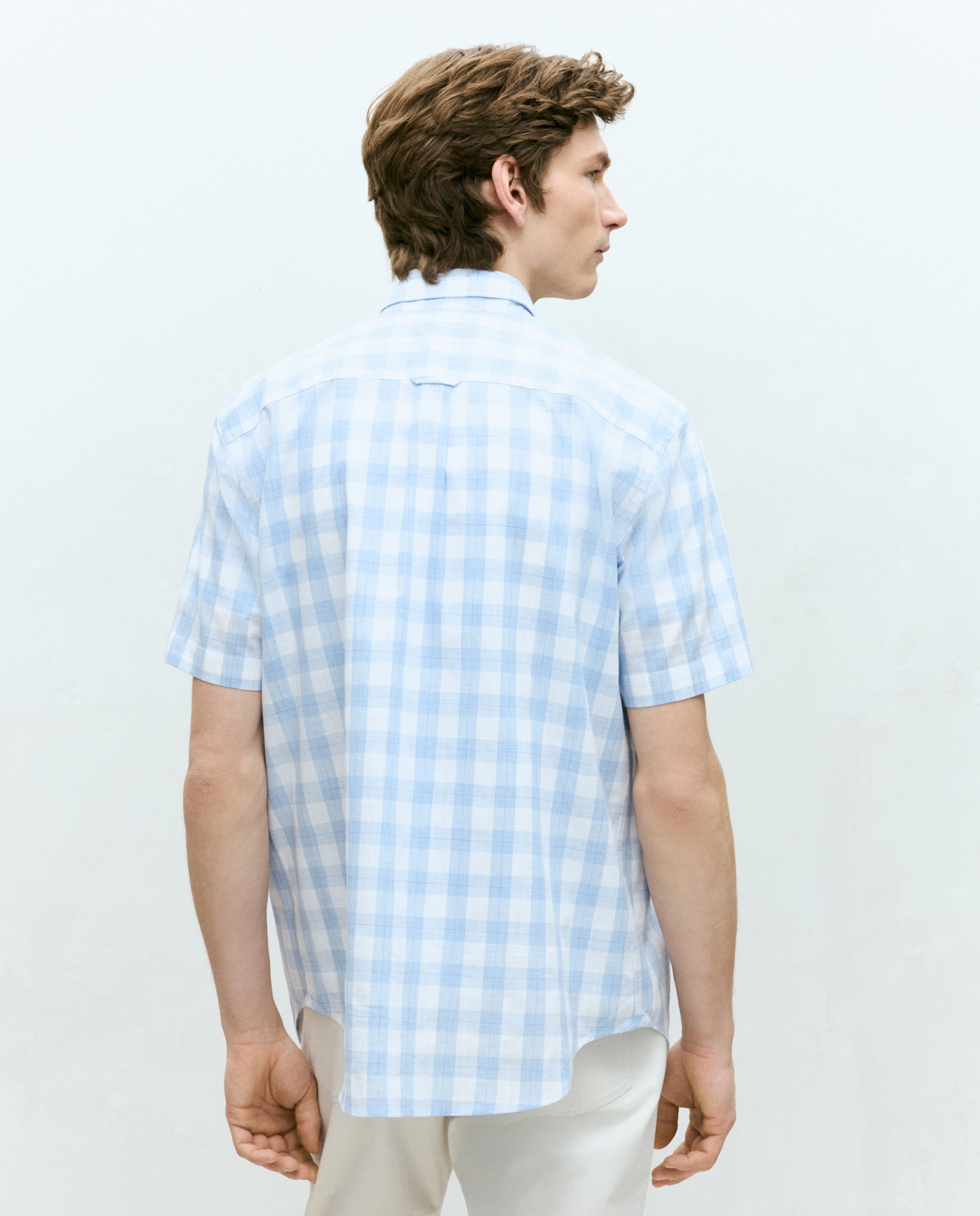 Camisa Classic Fit de Algodão Slub aos Quadrados Madrás com Manga Curta Azul-3