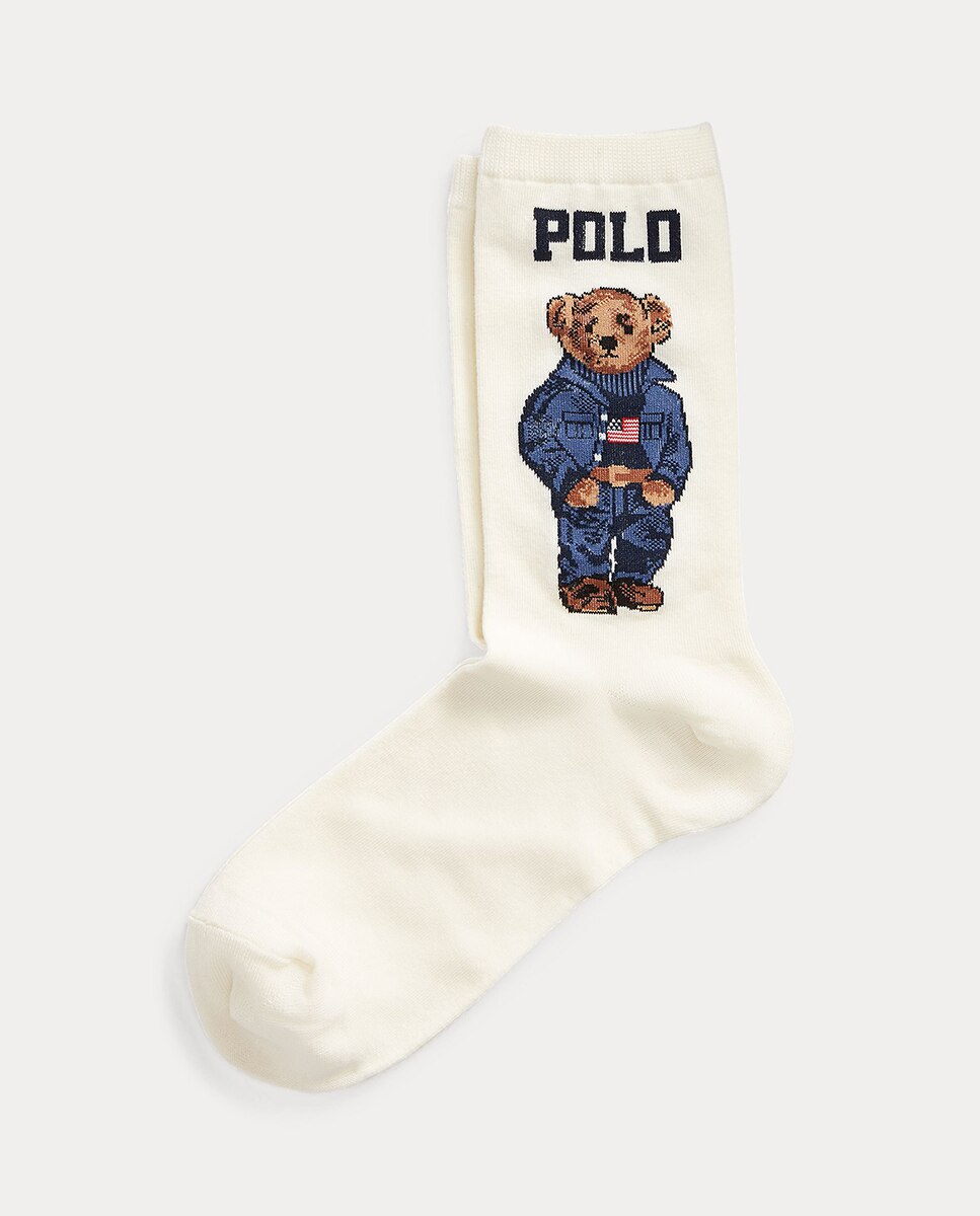 Imagen 0 de Calcetín de mujer alto de algodón con el Polo Bear bordado. Blanco