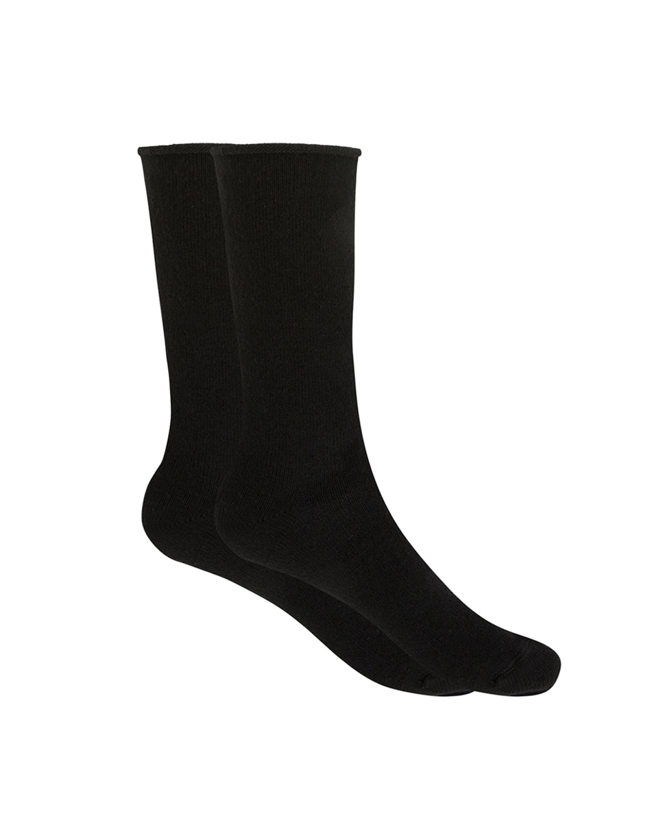Meias Curtas de Caxemira/Lã Lisas com Punho Roulé. Produto Fabricado em Espanha. Caxemira Preto-1