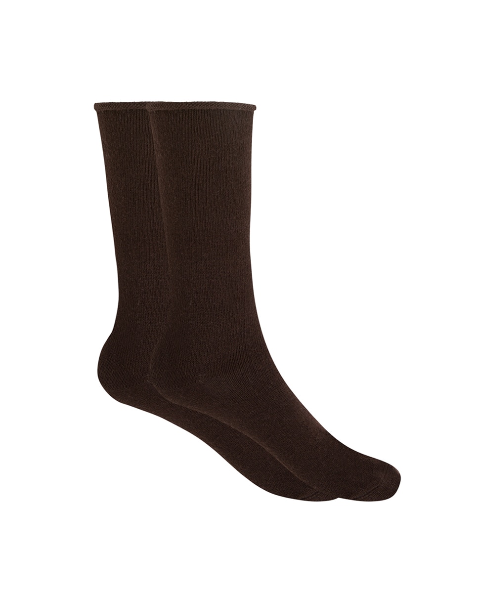 Meias Curtas de Caxemira/Lã Lisas com Punho Roulé. Produto Fabricado em Espanha. Caxemira Castanho-1