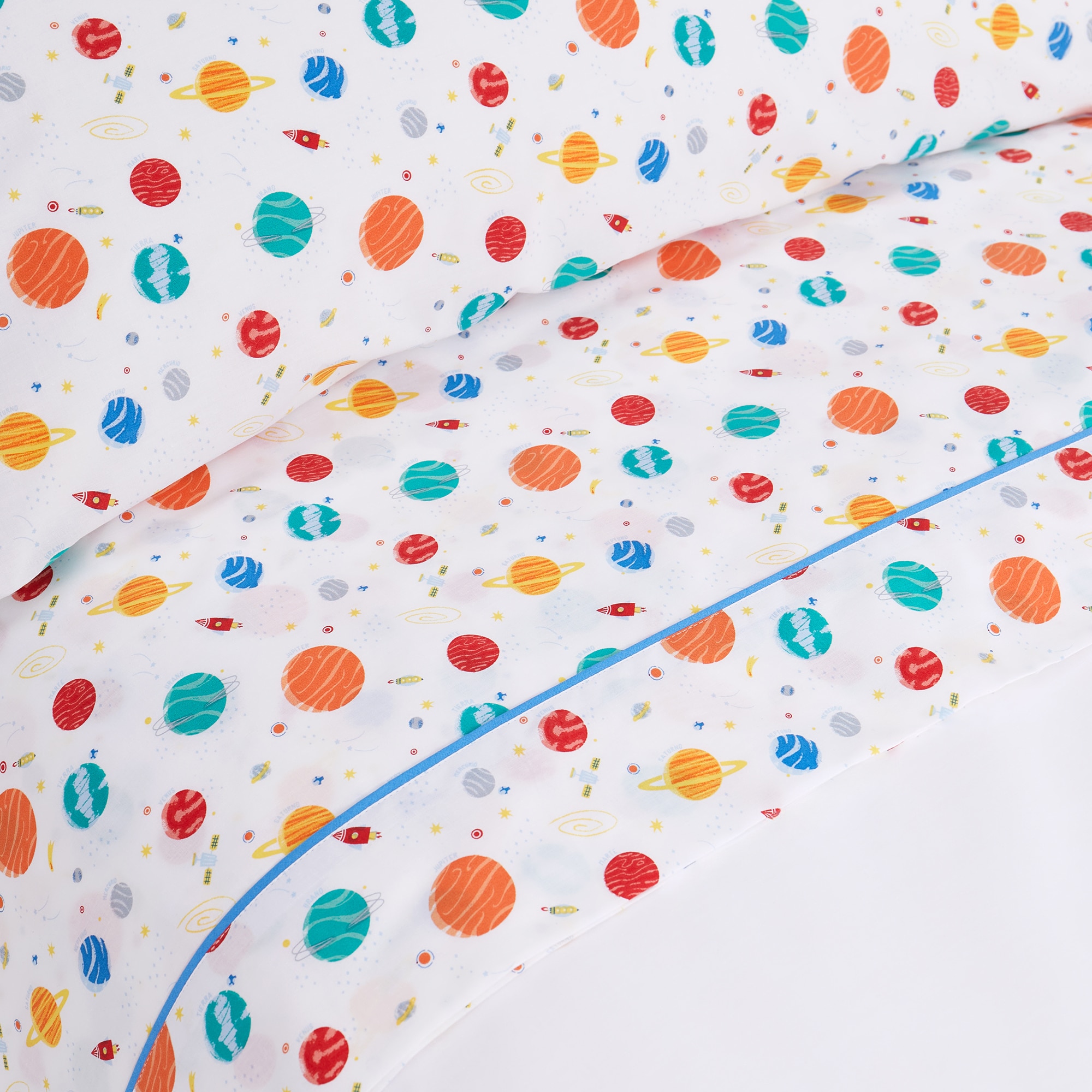Juego de sábanas infantil con bajera Planetas Basics El Corte Inglés Azul-2