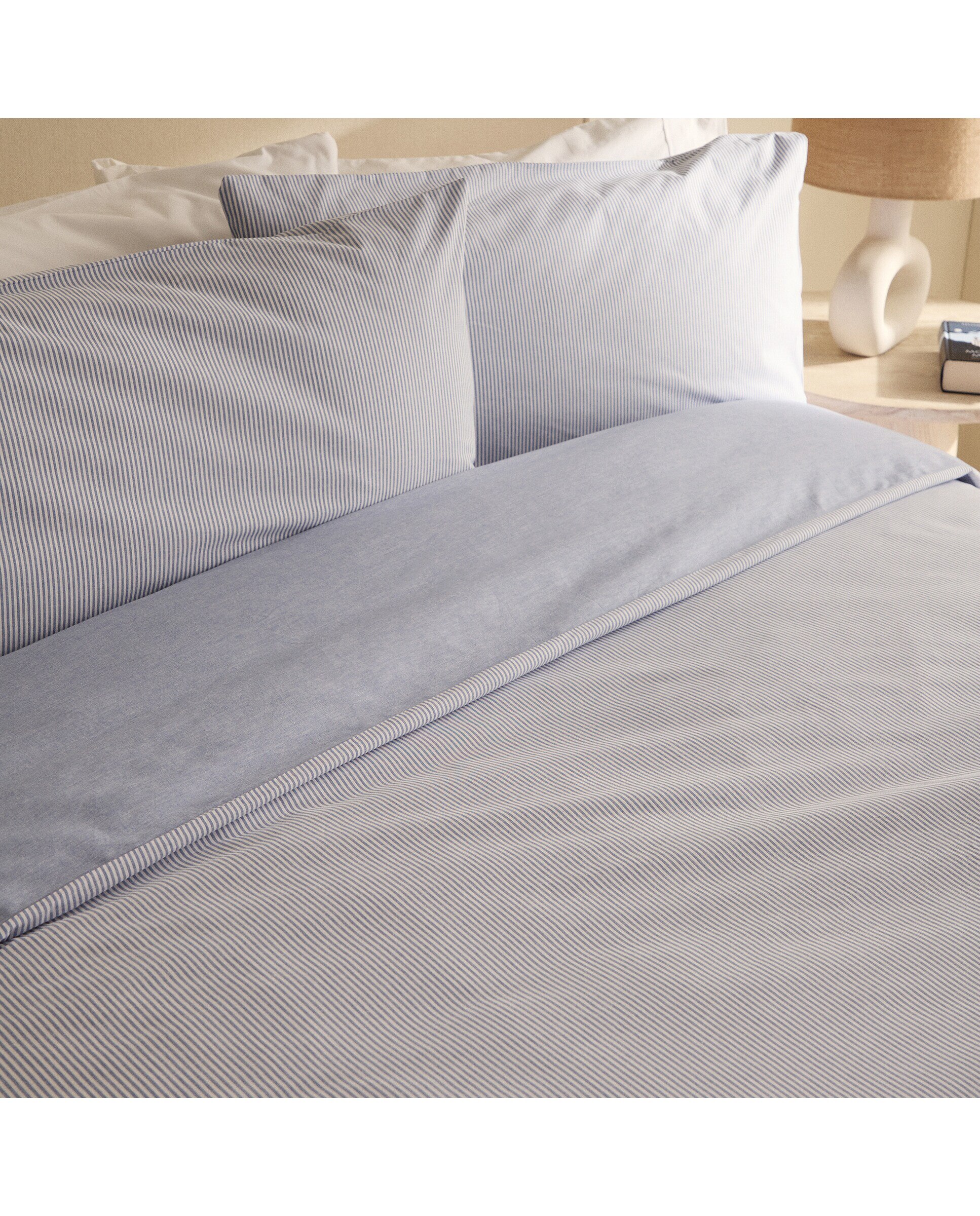 Conjunto de capa de edredão em algodão Oxford Stripe Azul-3