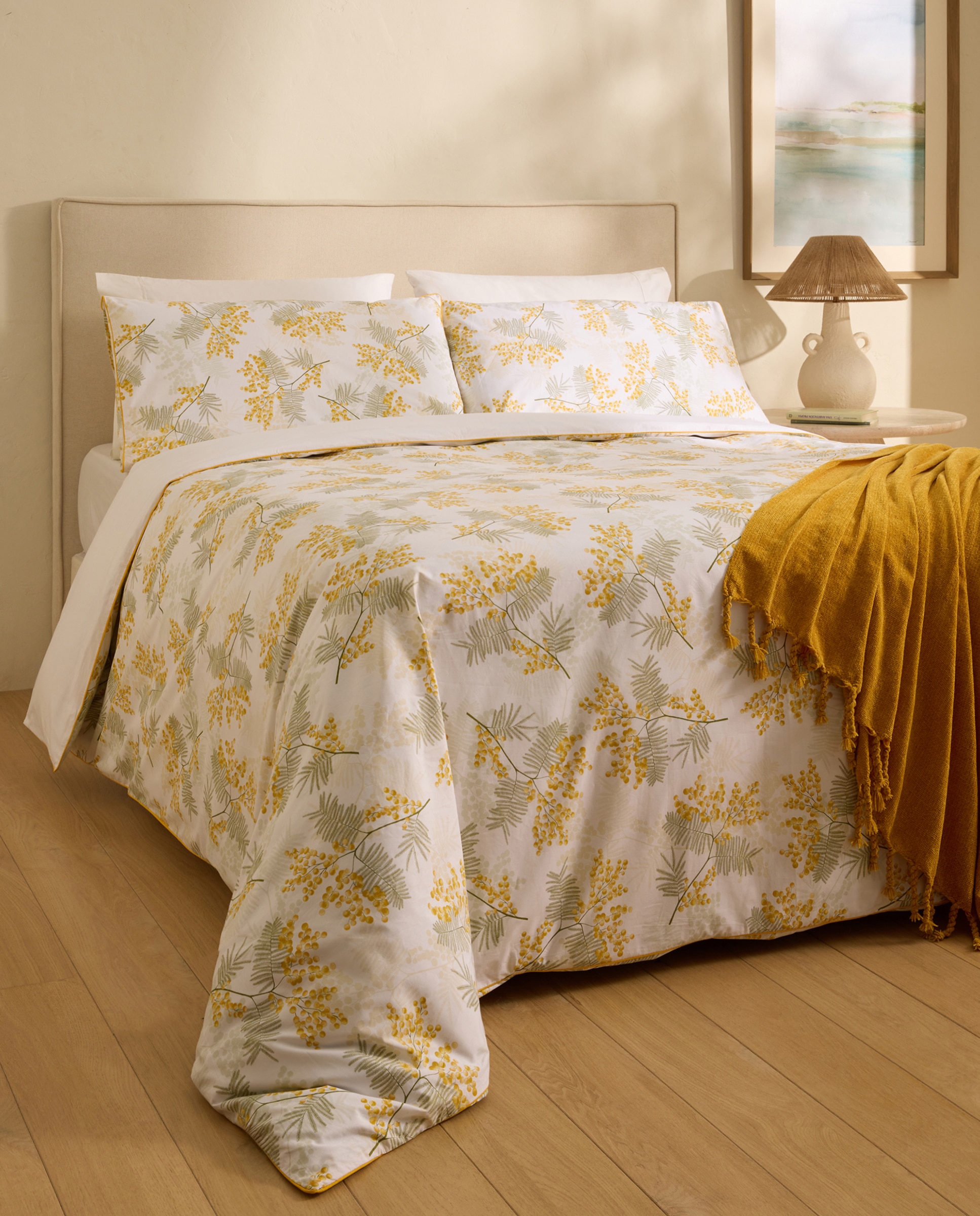 Conjunto de Capa de Edredão de Algodão Mimosa Amarelo-1