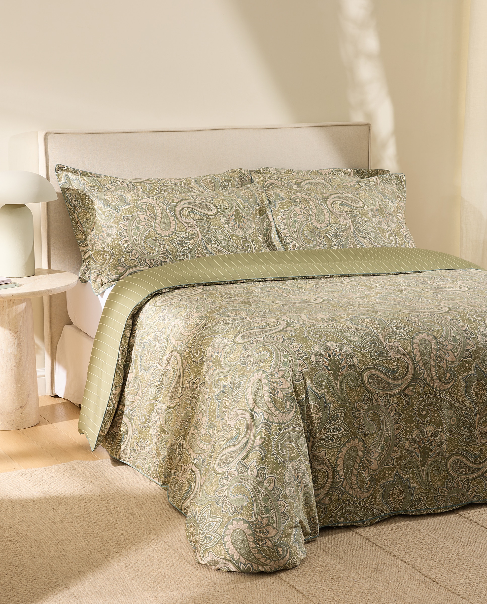 Juego de funda nórdica algodón satén Paisley - Verde Cama 105 cm Verde-1