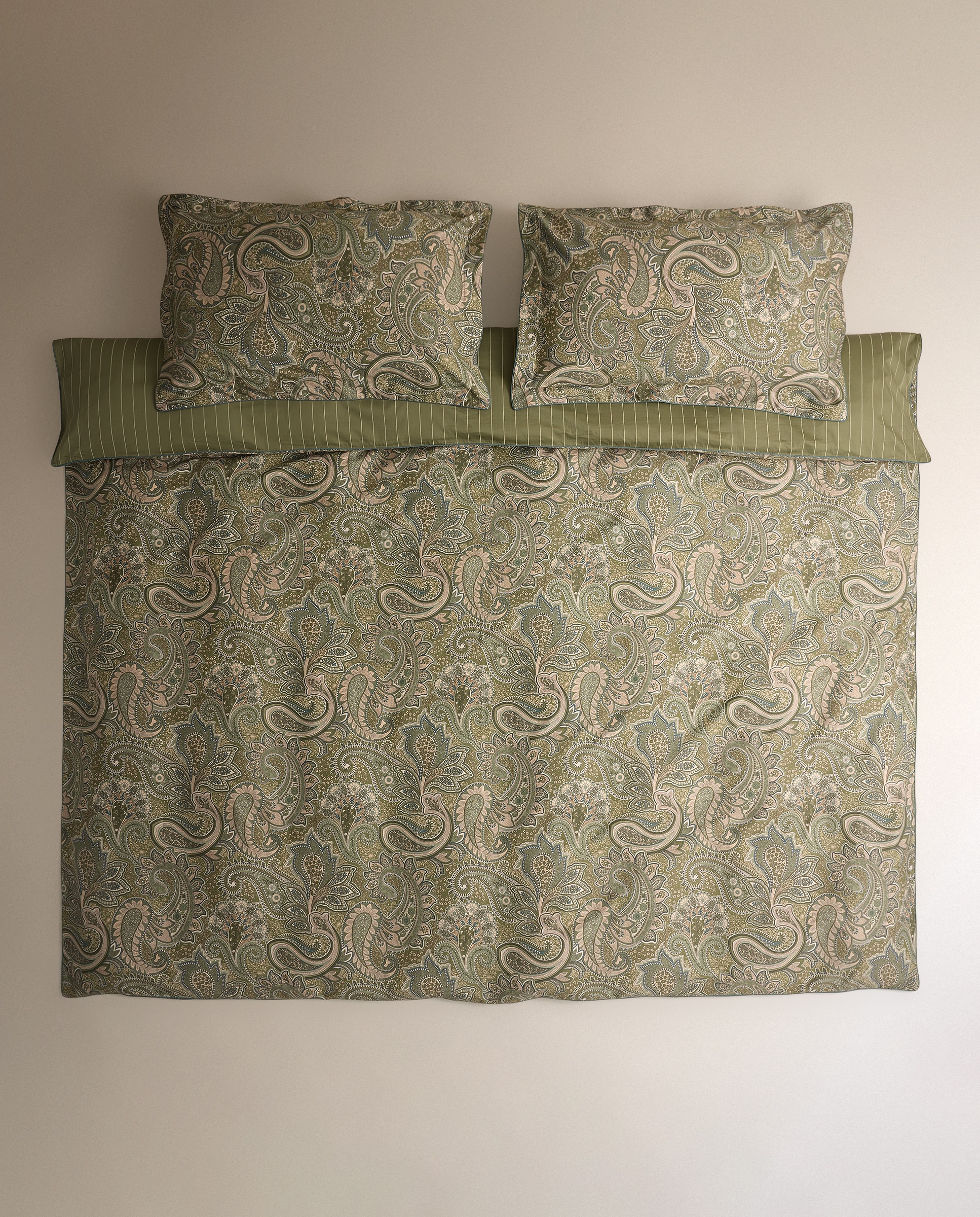Juego de funda nórdica algodón satén Paisley - Verde Cama 105 cm Verde-2