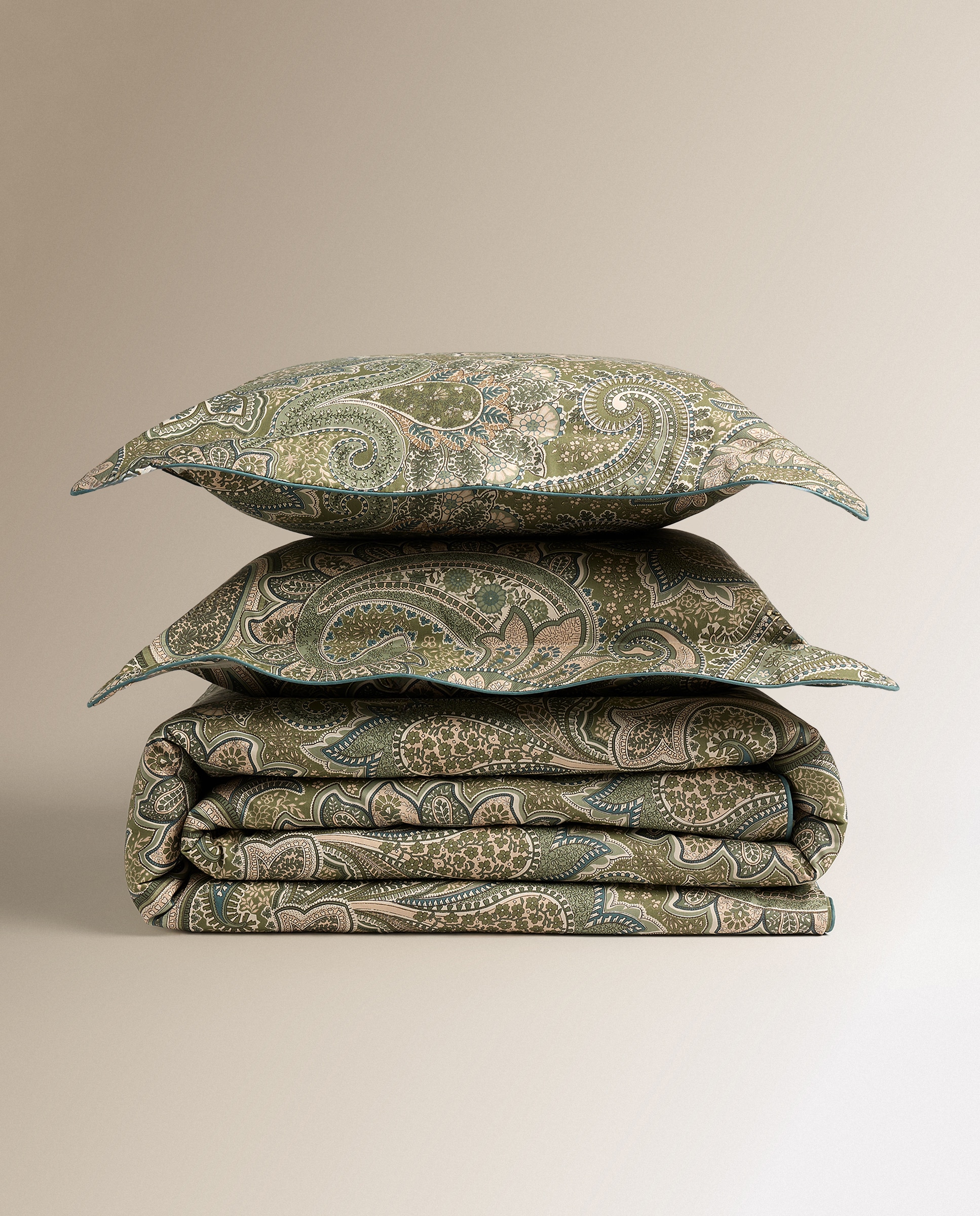 Juego de funda nórdica algodón satén Paisley - Verde Cama 105 cm Verde-7