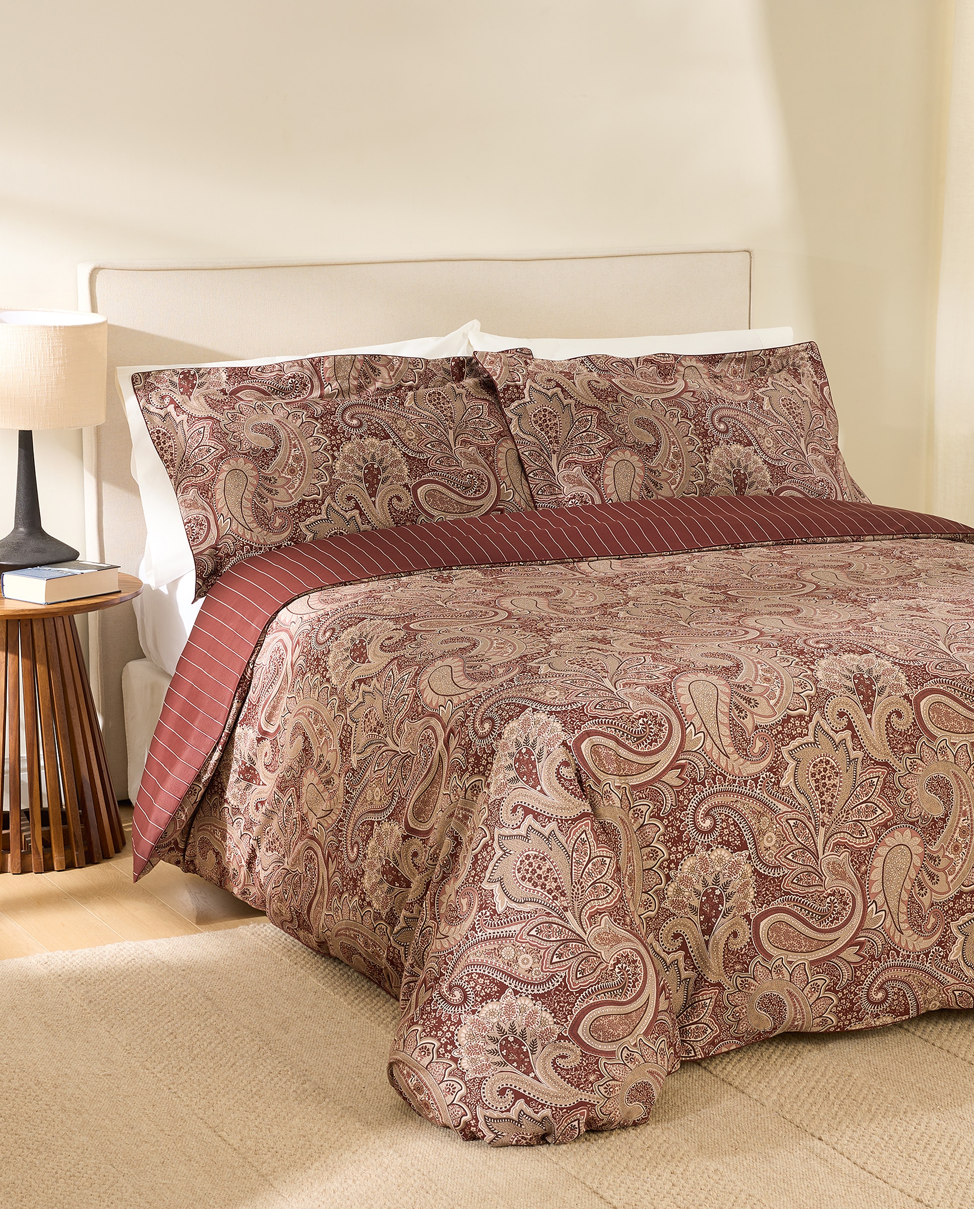 Juego de funda nórdica algodón satén Paisley - Granate Cama 105 cm Granate-1