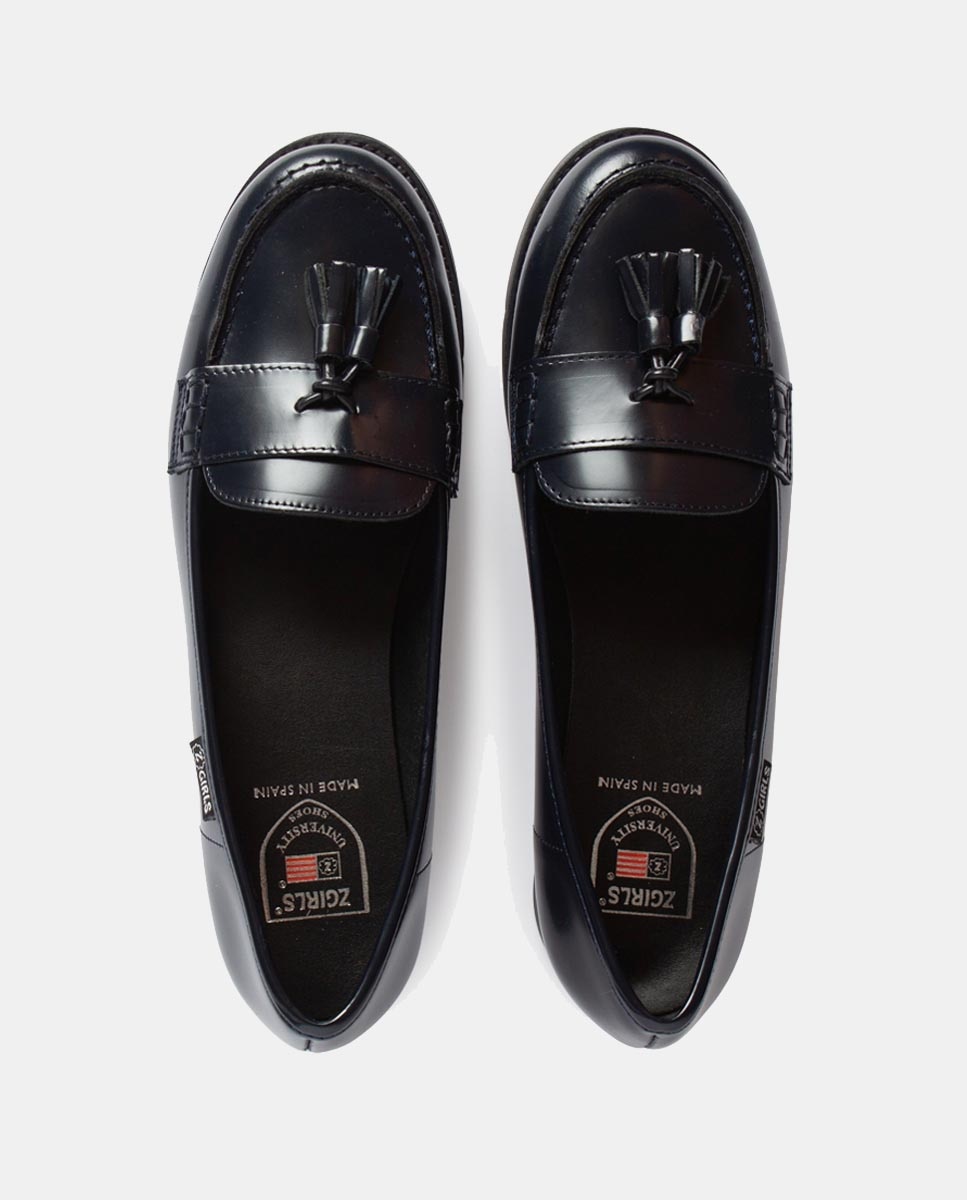 Mocassins em Pele com Detalhe de Borlas e Sola de Borracha ZGirls Azul-marinho-3