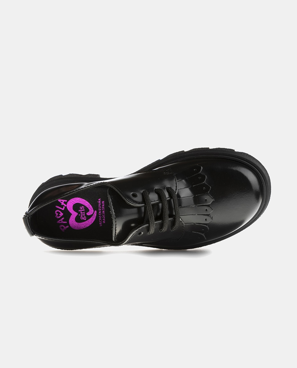 Sapatos de Atacadores com Detalhe de Franjas, Sola Track e em Pele Paola Preto-2