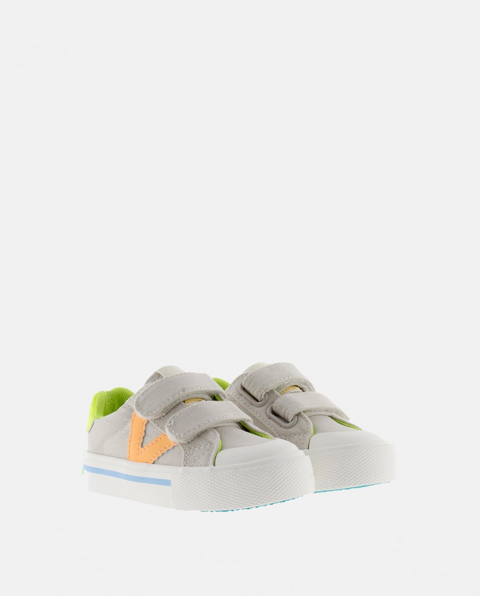Sapatilhas de Lona de Criança com Peças Fluorescentes em Contraste e Fecho Aderente Duplo Natural-5