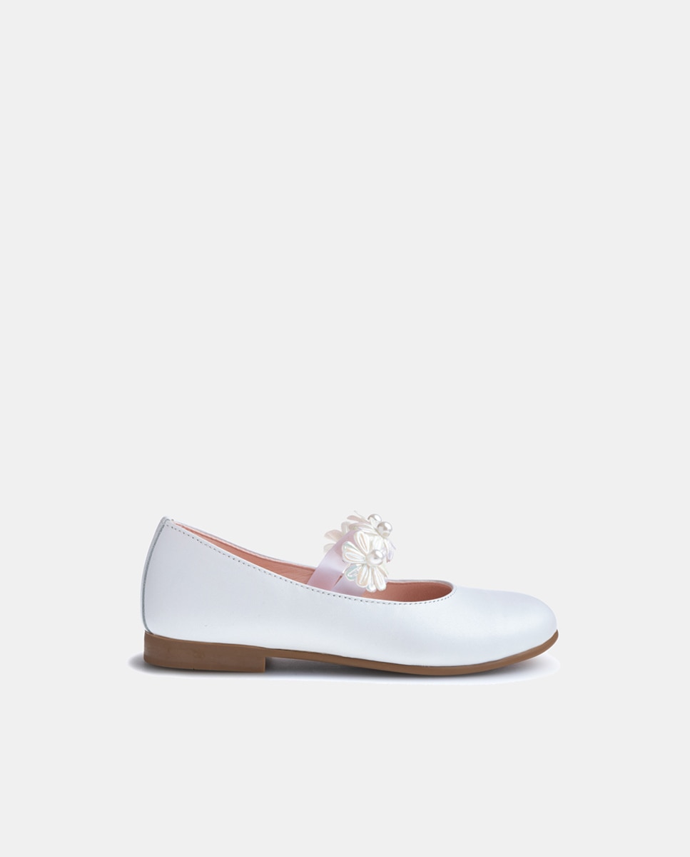 Sapatos de Presilha com Elástico com Flores e em Pele Paola Branco-1