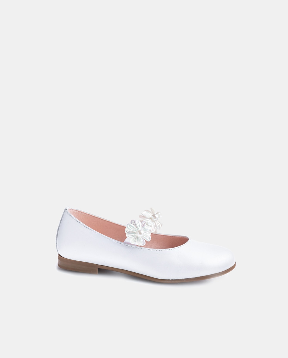 Sapatos de Presilha com Elástico com Flores e em Pele Paola Branco-2