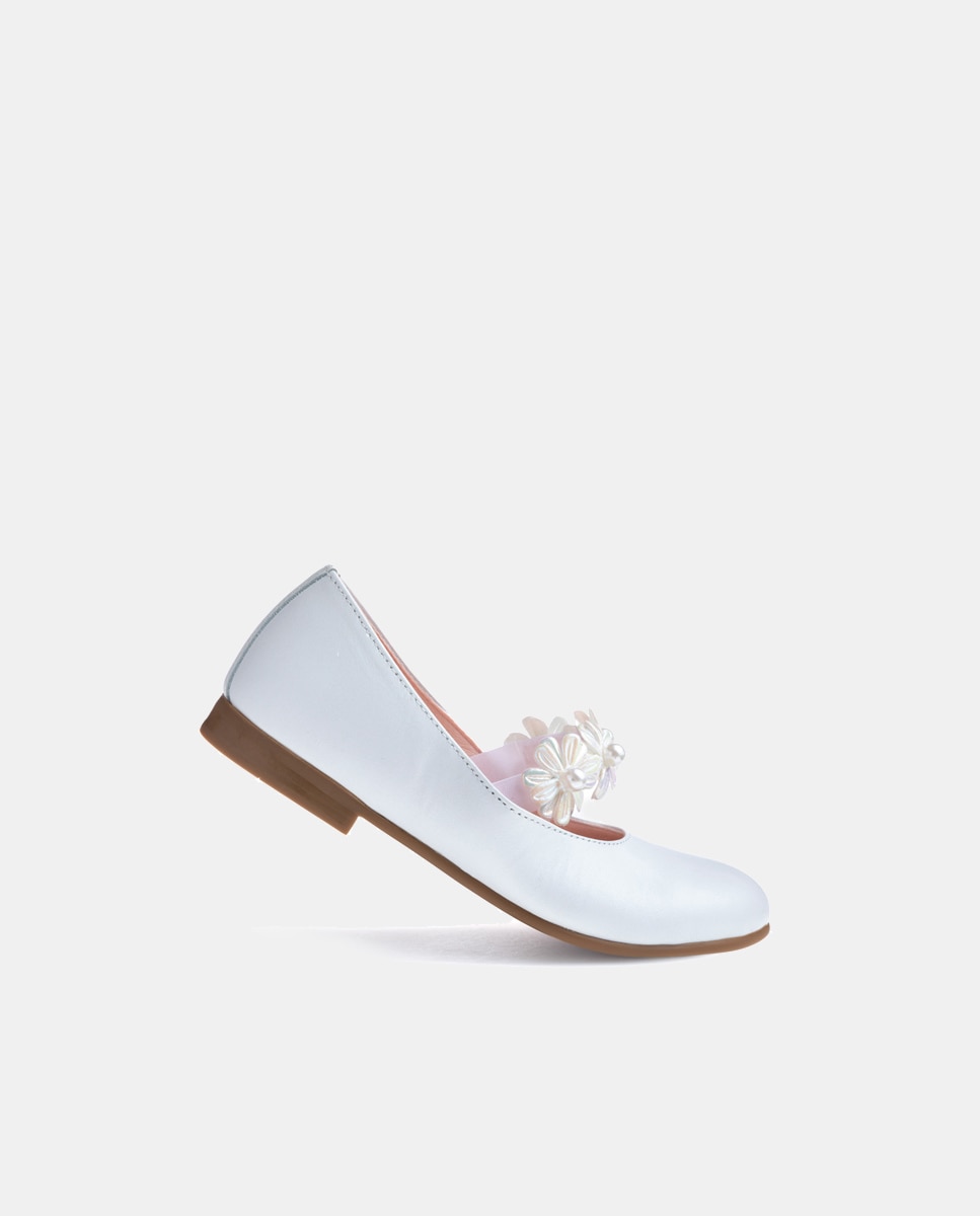 Sapatos de Presilha com Elástico com Flores e em Pele Paola Branco-3
