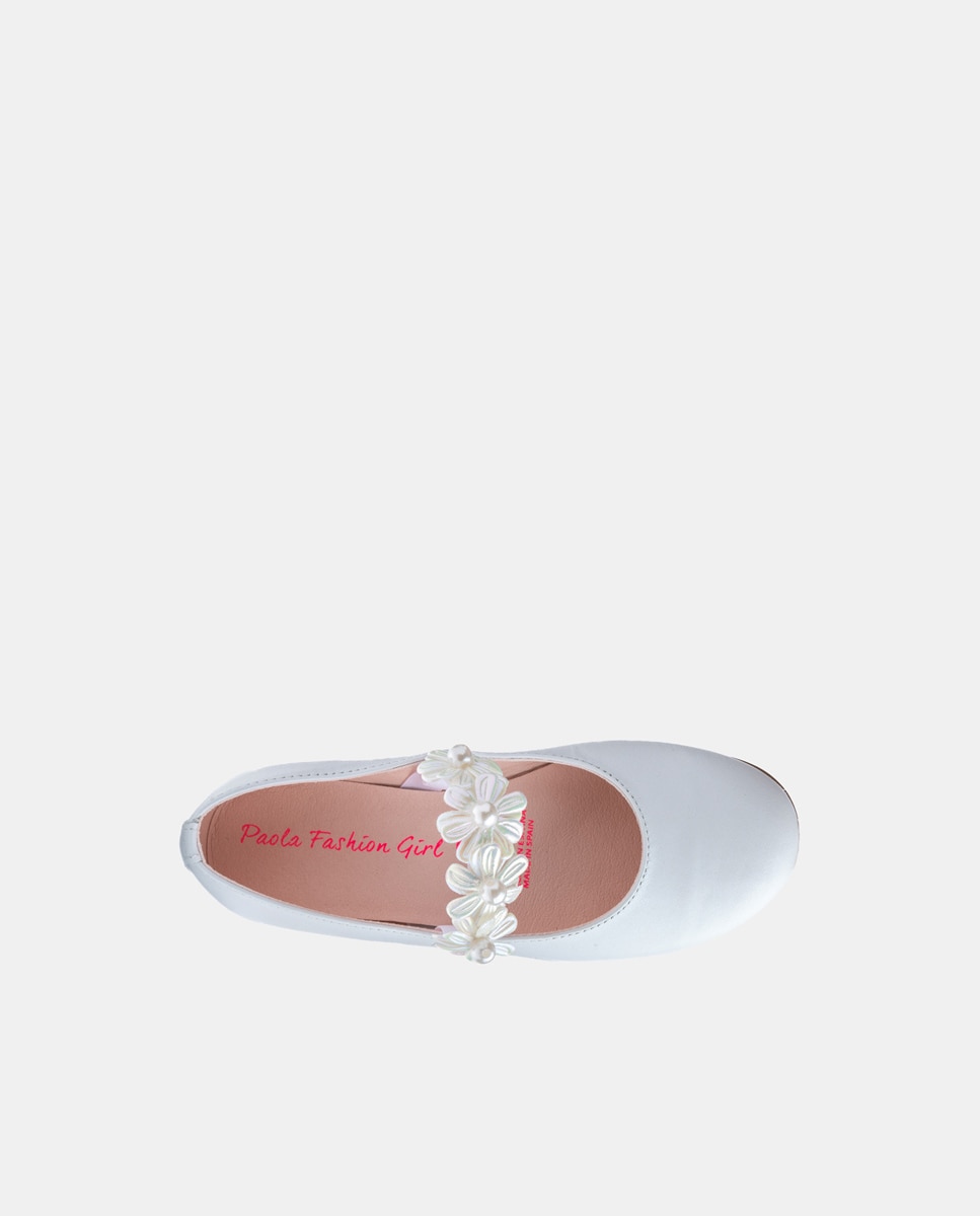 Sapatos de Presilha com Elástico com Flores e em Pele Paola Branco-5
