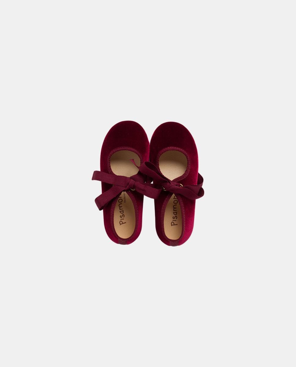 Sapatos de Presilha em Veludo com Laço de Faia Vermelho/Grená-4