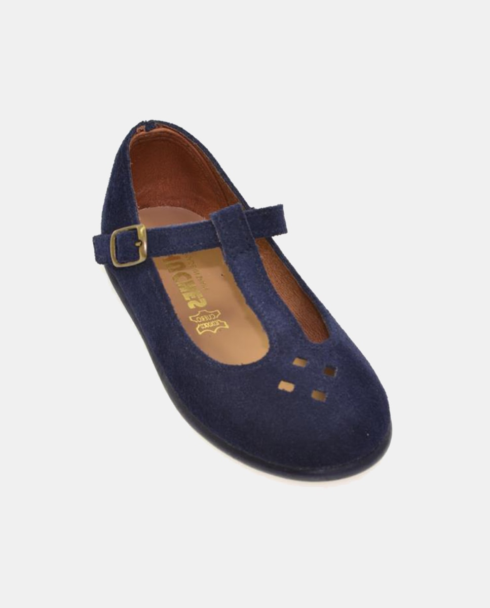 Sapatos de Presilha com Detalhes Perfurados, Fecho de Fivela e em Pele Azul-marinho-1
