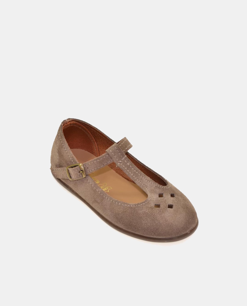 Sapatos de Presilha com Detalhes Perfurados, Fecho de Fivela e em Pele Taupe-1