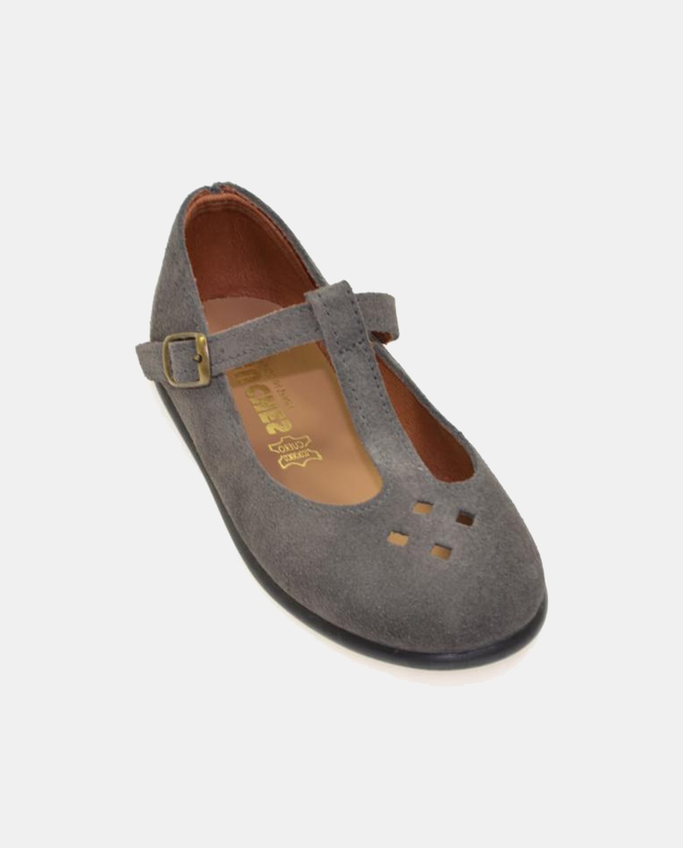 Sapatos de Presilha com Detalhes Perfurados, Fecho de Fivela e em Pele Chuches Cinzento-1