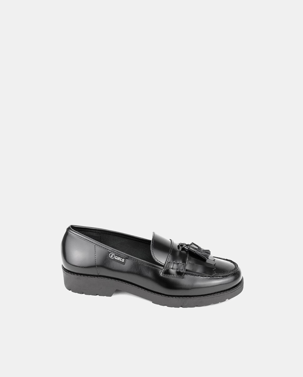 Mocassins de Pele com Adorno de Franjas e Borlas - Preto Preto-1