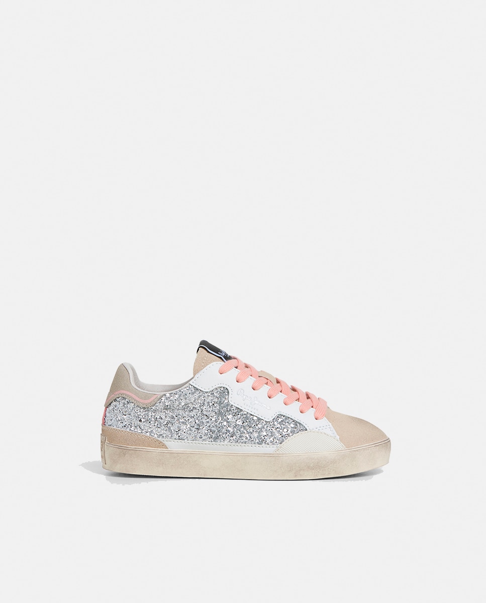Sapatilhas Lane Chic com Glitter e Atacadores Rosa - Prateado Pepe Jeans Branco-1