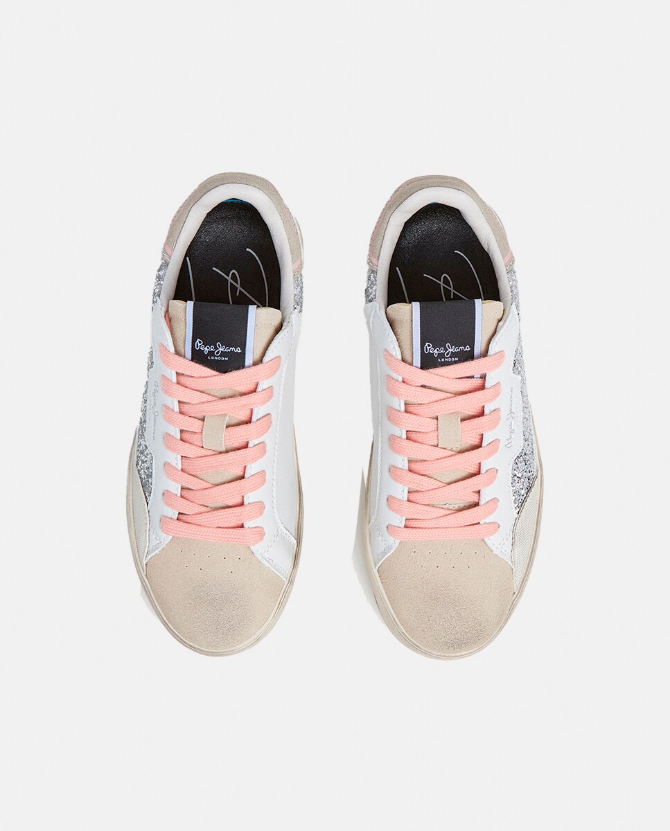 Sapatilhas Lane Chic com Glitter e Atacadores Rosa - Prateado Pepe Jeans Branco-2