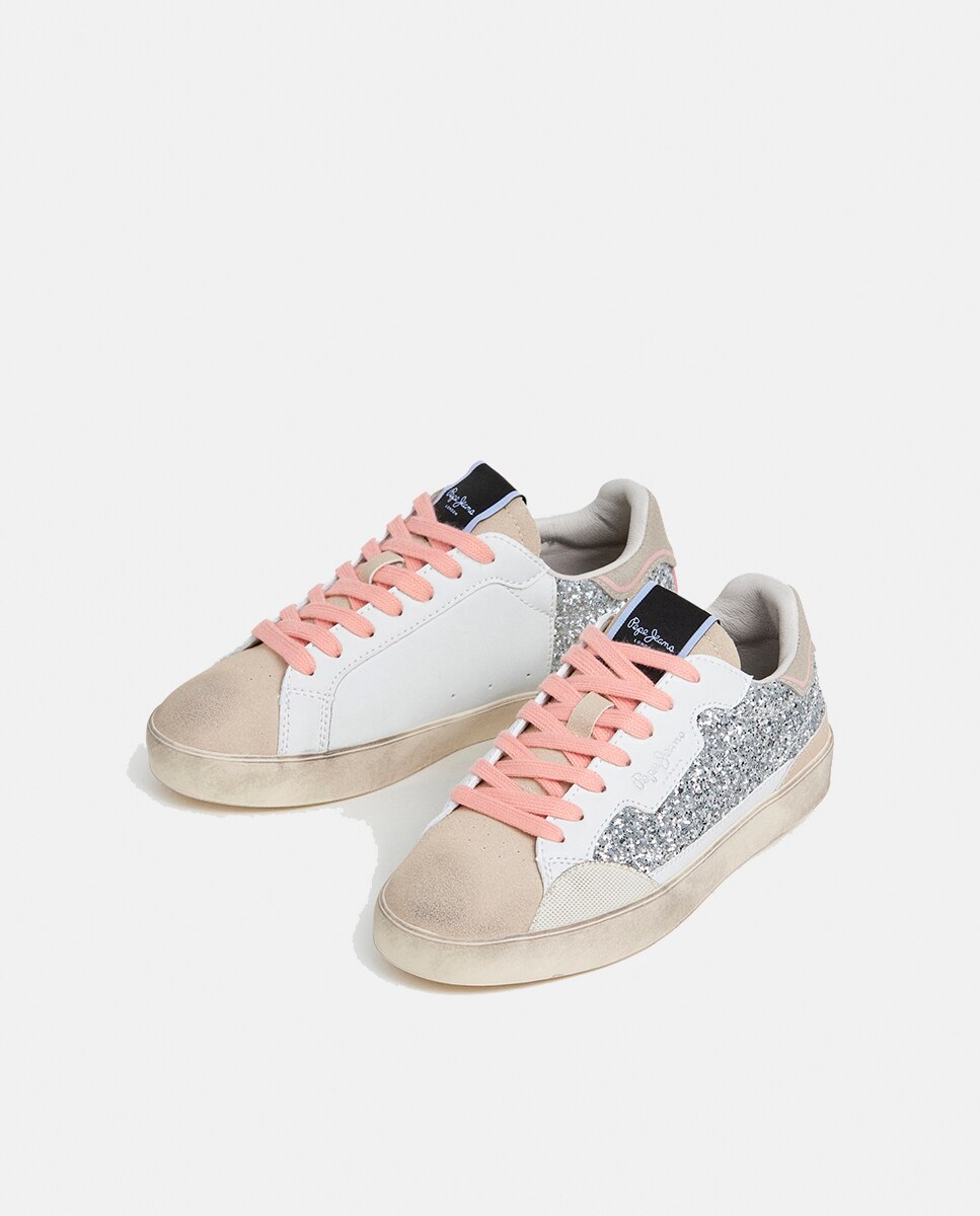 Sapatilhas Lane Chic com Glitter e Atacadores Rosa - Prateado Pepe Jeans Branco-3
