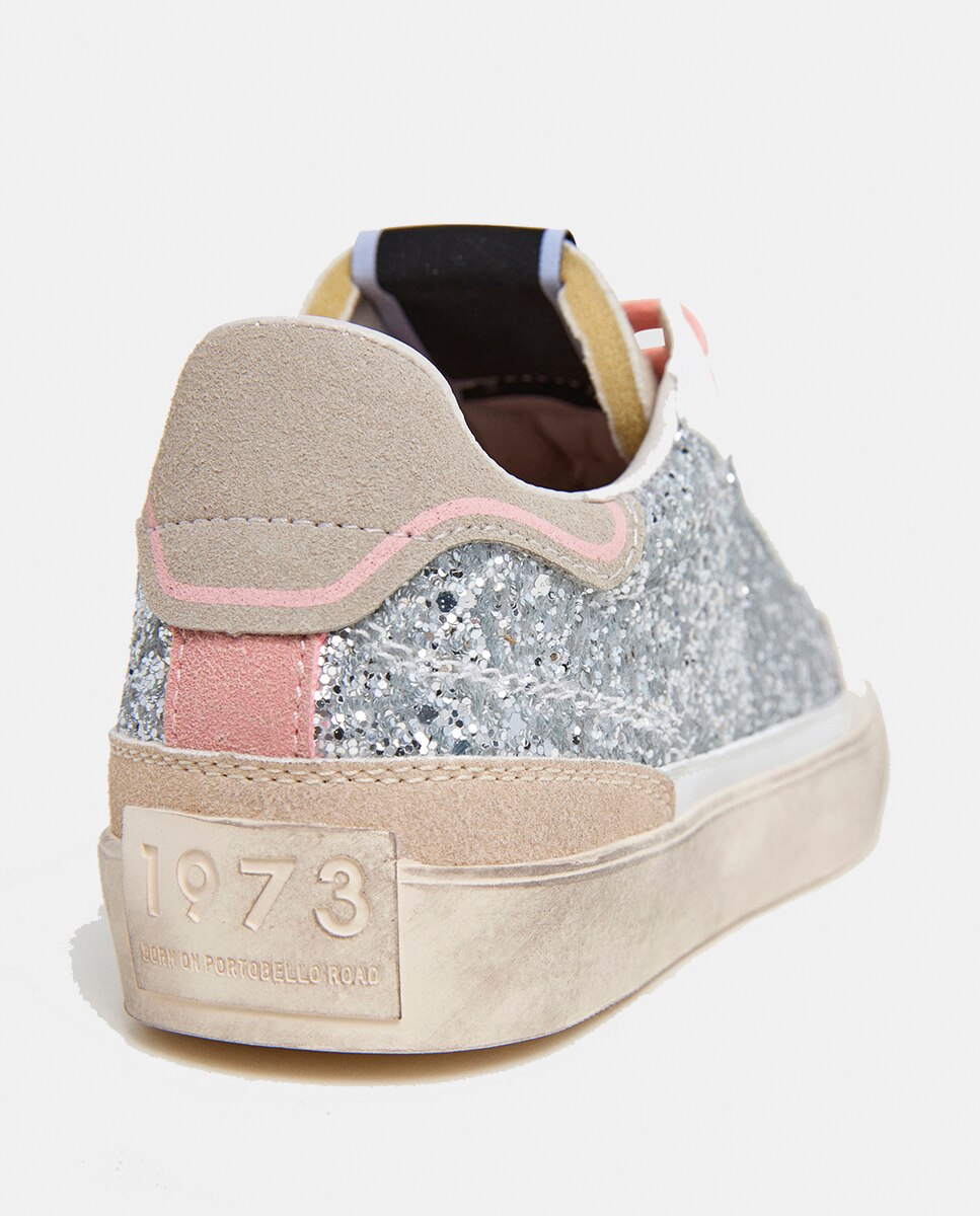 Sapatilhas Lane Chic com Glitter e Atacadores Rosa - Prateado Pepe Jeans Branco-4