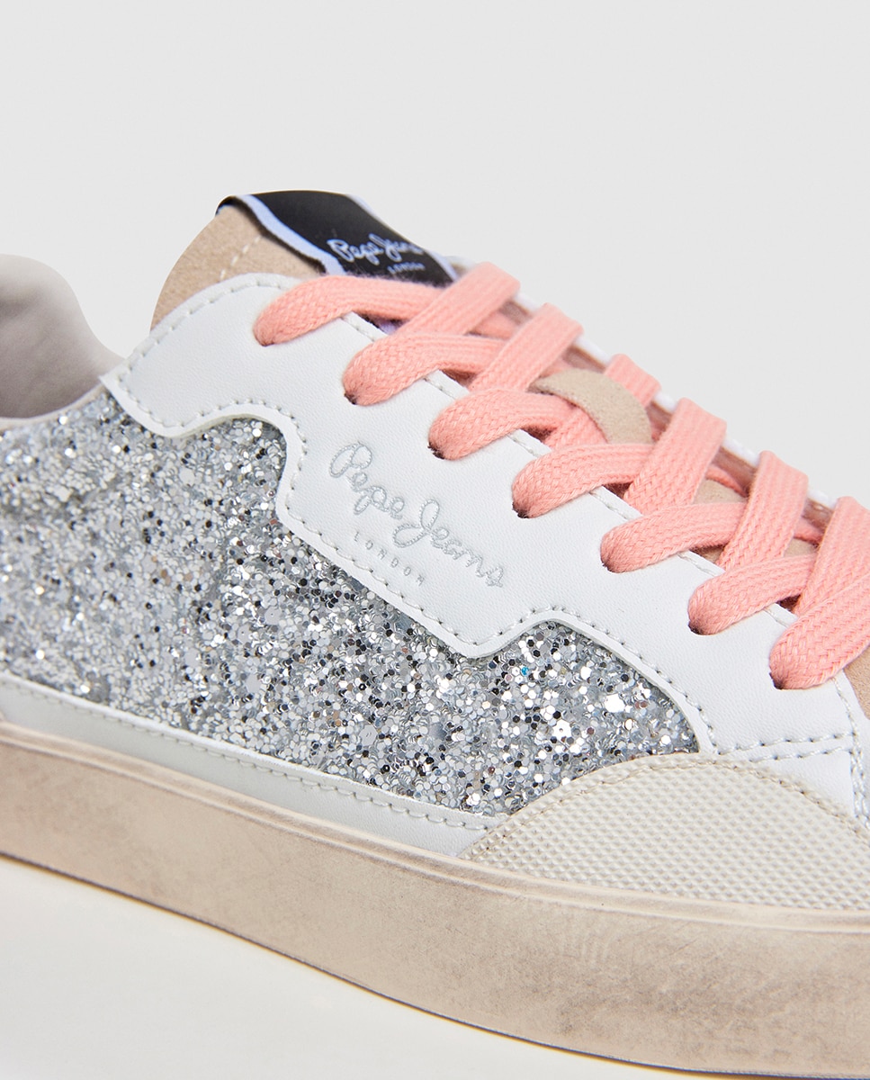 Sapatilhas Lane Chic com Glitter e Atacadores Rosa - Prateado Pepe Jeans Branco-5