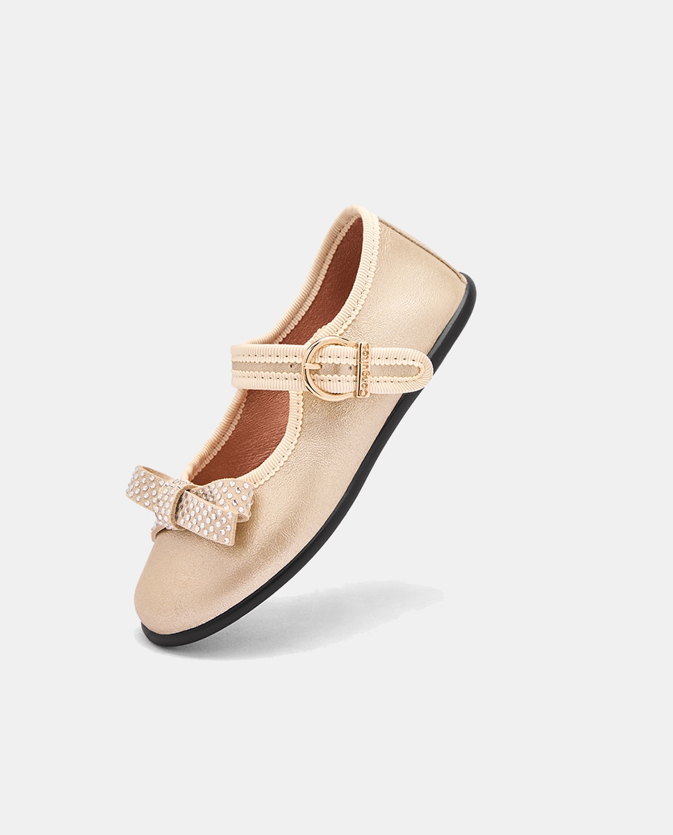 Sapatos de Presilha Metalizados com Laço Strass Ouro-2