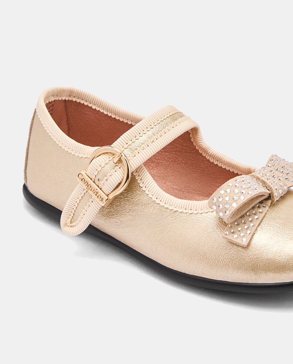 Sapatos de Presilha Metalizados com Laço Strass Ouro-3