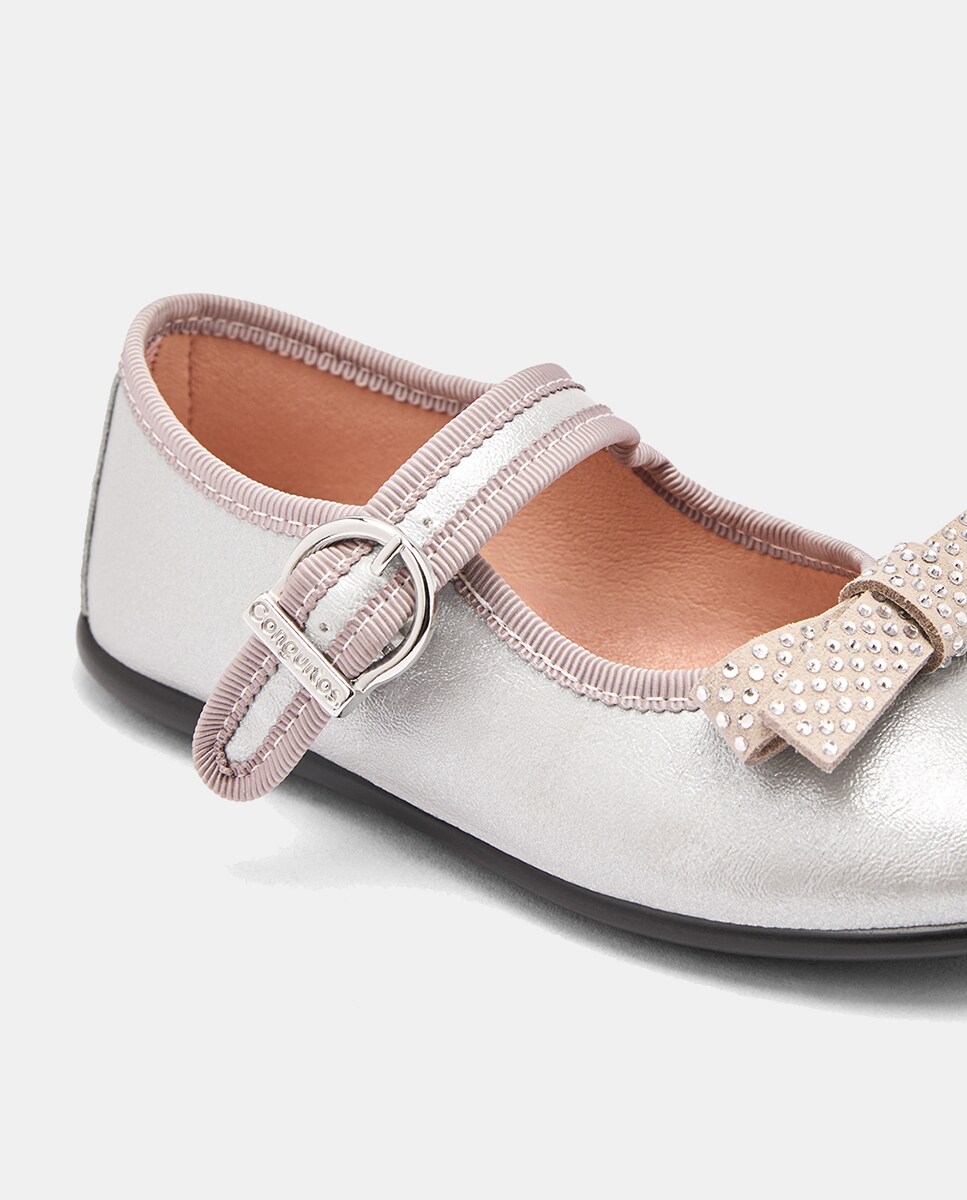Sapatos de Presilha Metalizados com Laço Strass Prata-3