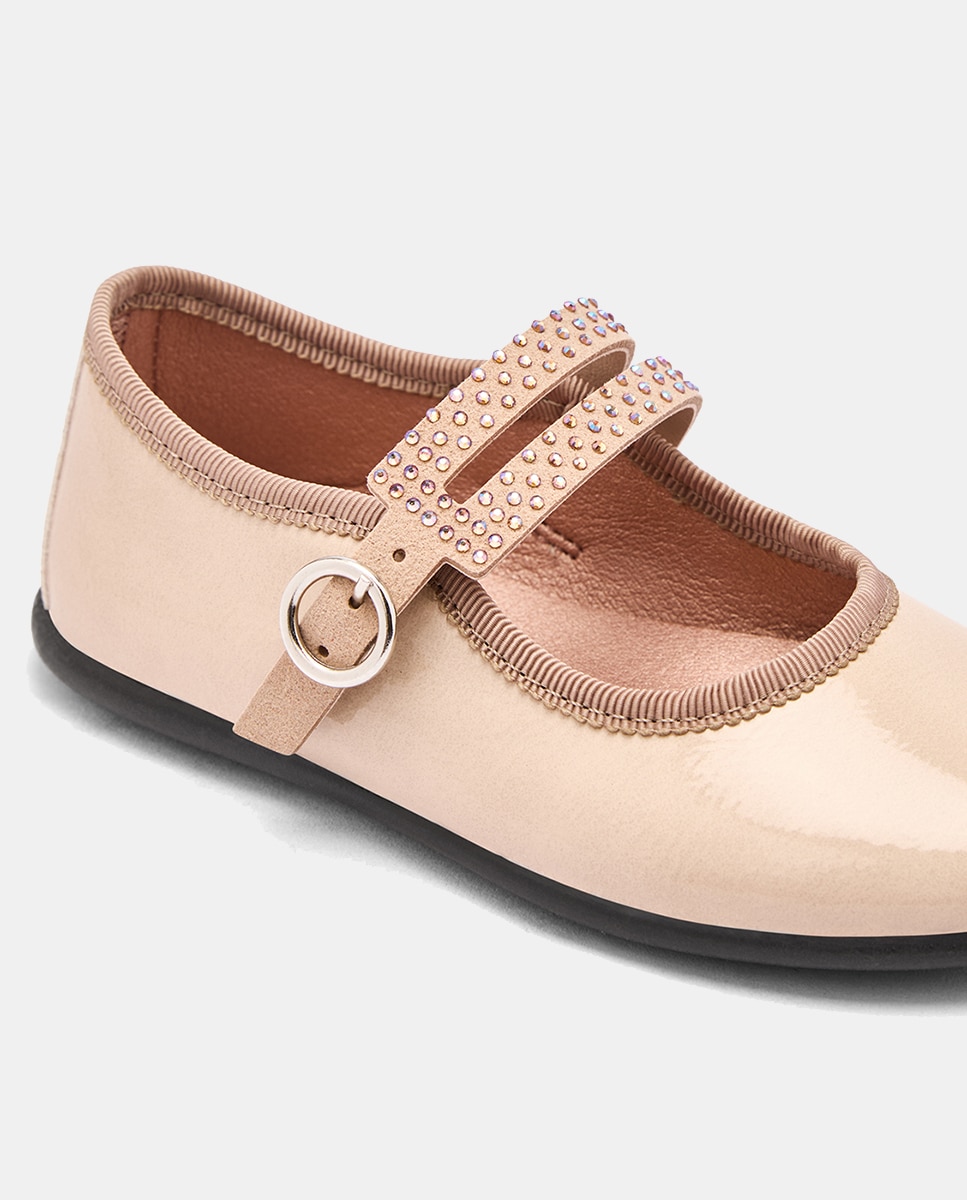 Sapatos de Presilha em Verniz com Tira Strass Conguitos Castanho Suave-3